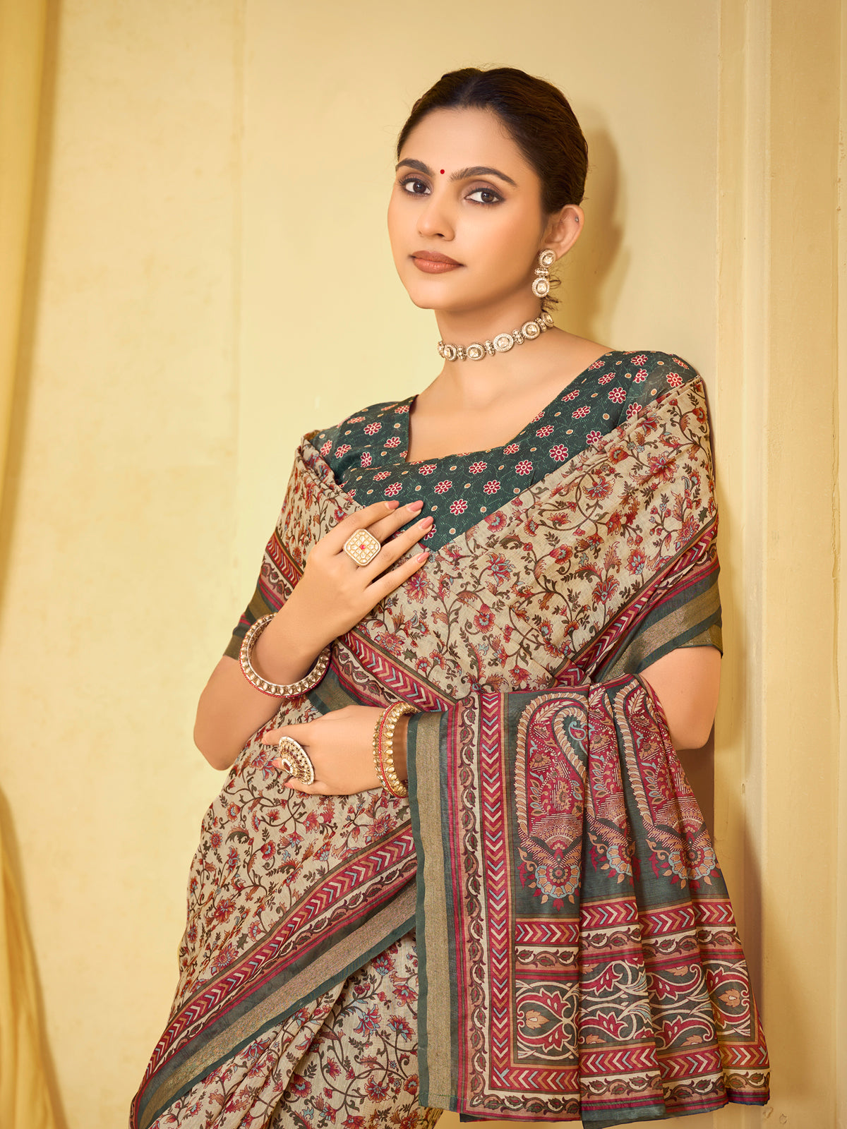 Amrapali - Beige Chanderi Cotton Digital Printed Saree with Zari Border