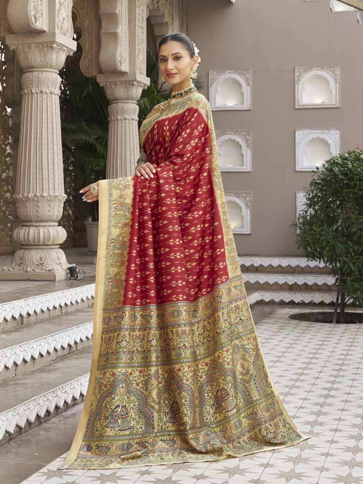 Gulmarg - Red Silk Digital Printed Saree with Zari Border