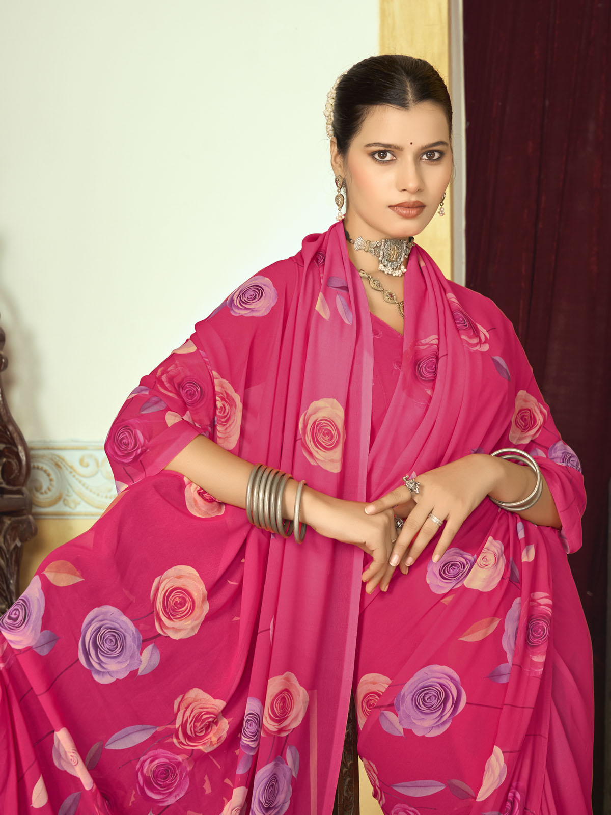 Riddhi - Pink Georgette Floral Digital Printed Saree