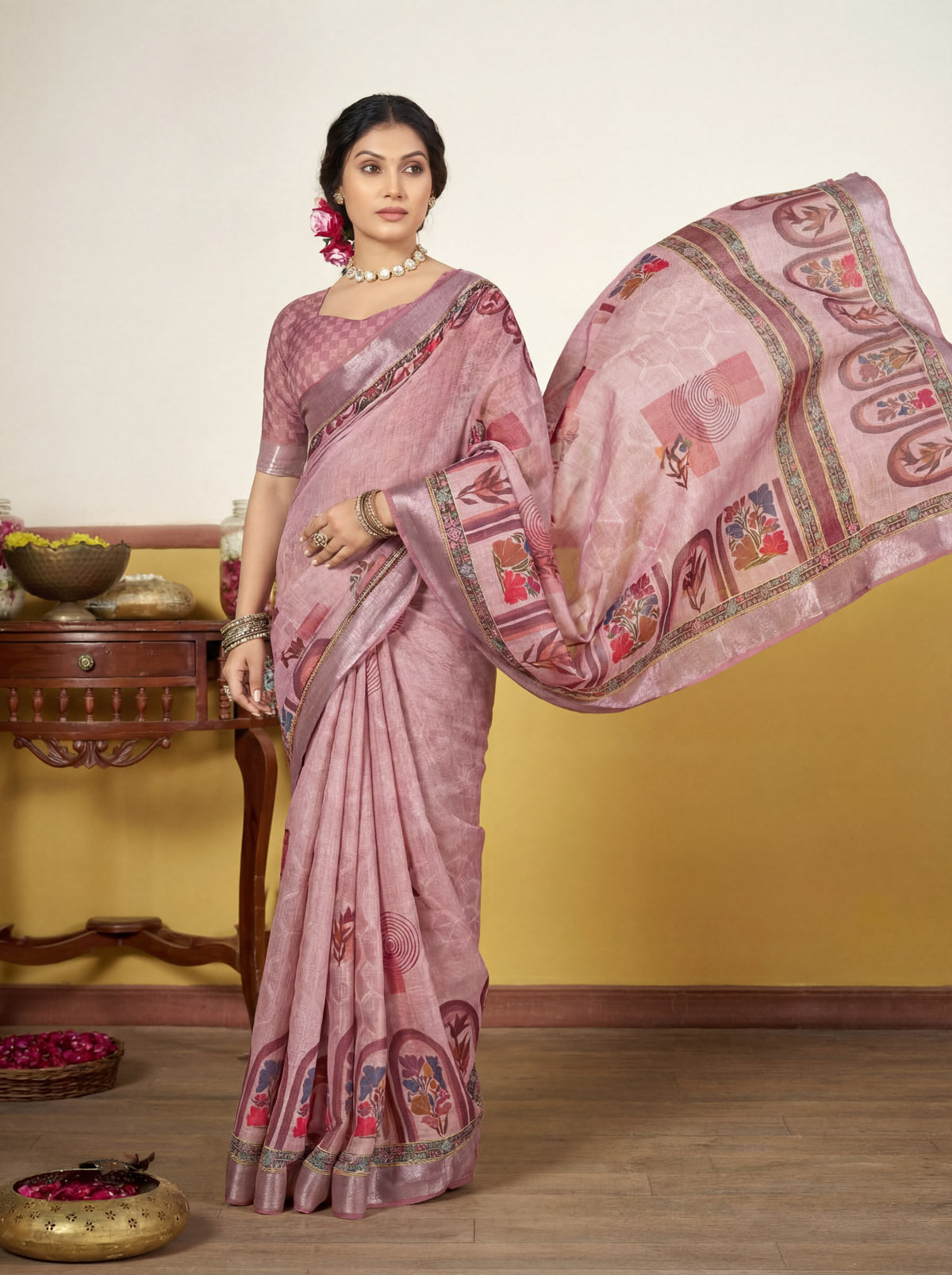 Rachna - Pink Linen Digital Print Saree with Woven Border
