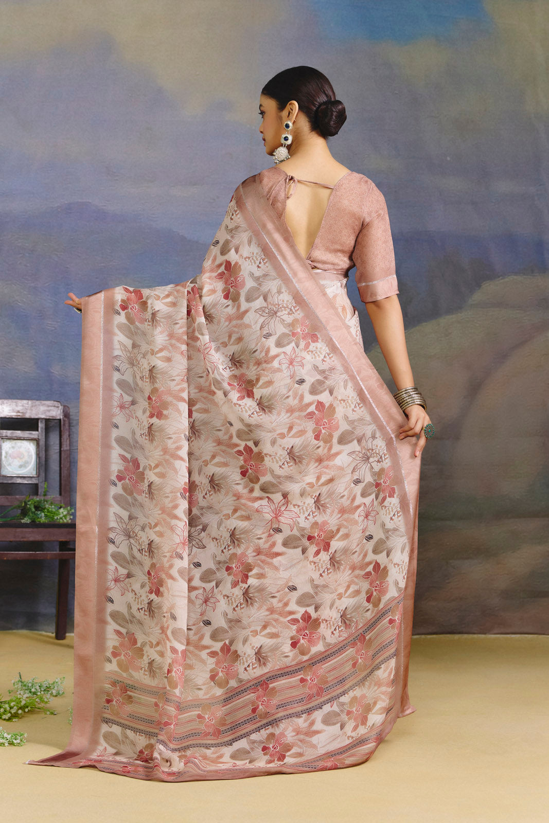 Samriddhi - Tan Moss Georgette Digital Print Saree with Satin Patta Border