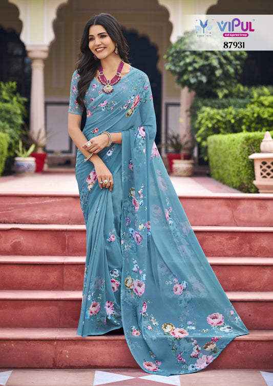 Twisha - Sky Blue Georgette Floral Digital Printed Saree