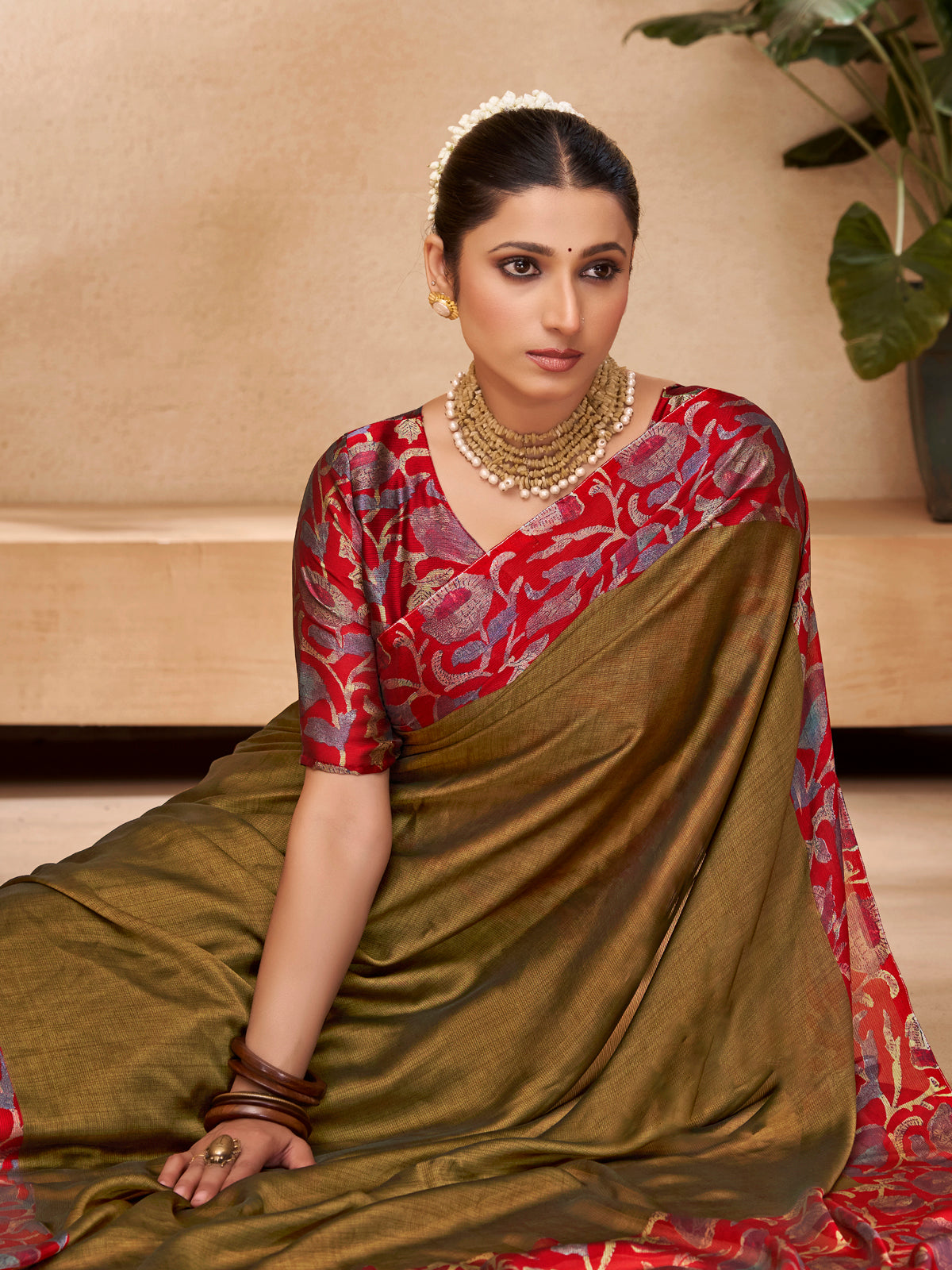 Ekvarna - Olive Green Printed Chiffon Saree