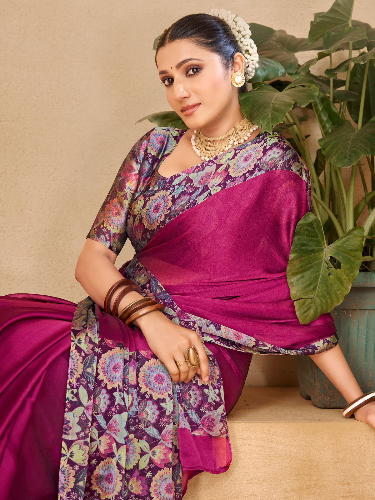 Ekvarna - Purple Printed Chiffon Saree