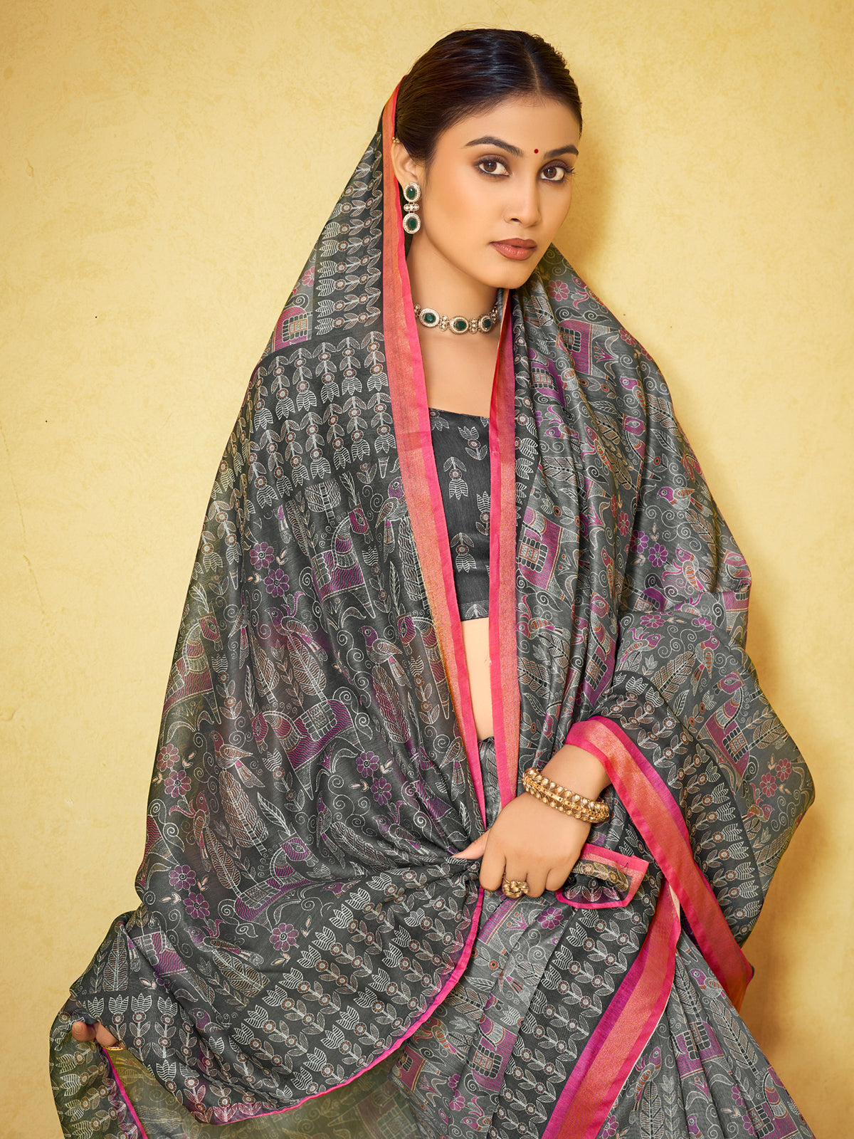 Amrapali - Grey Chanderi Cotton Digital Printed Saree with Zari Border