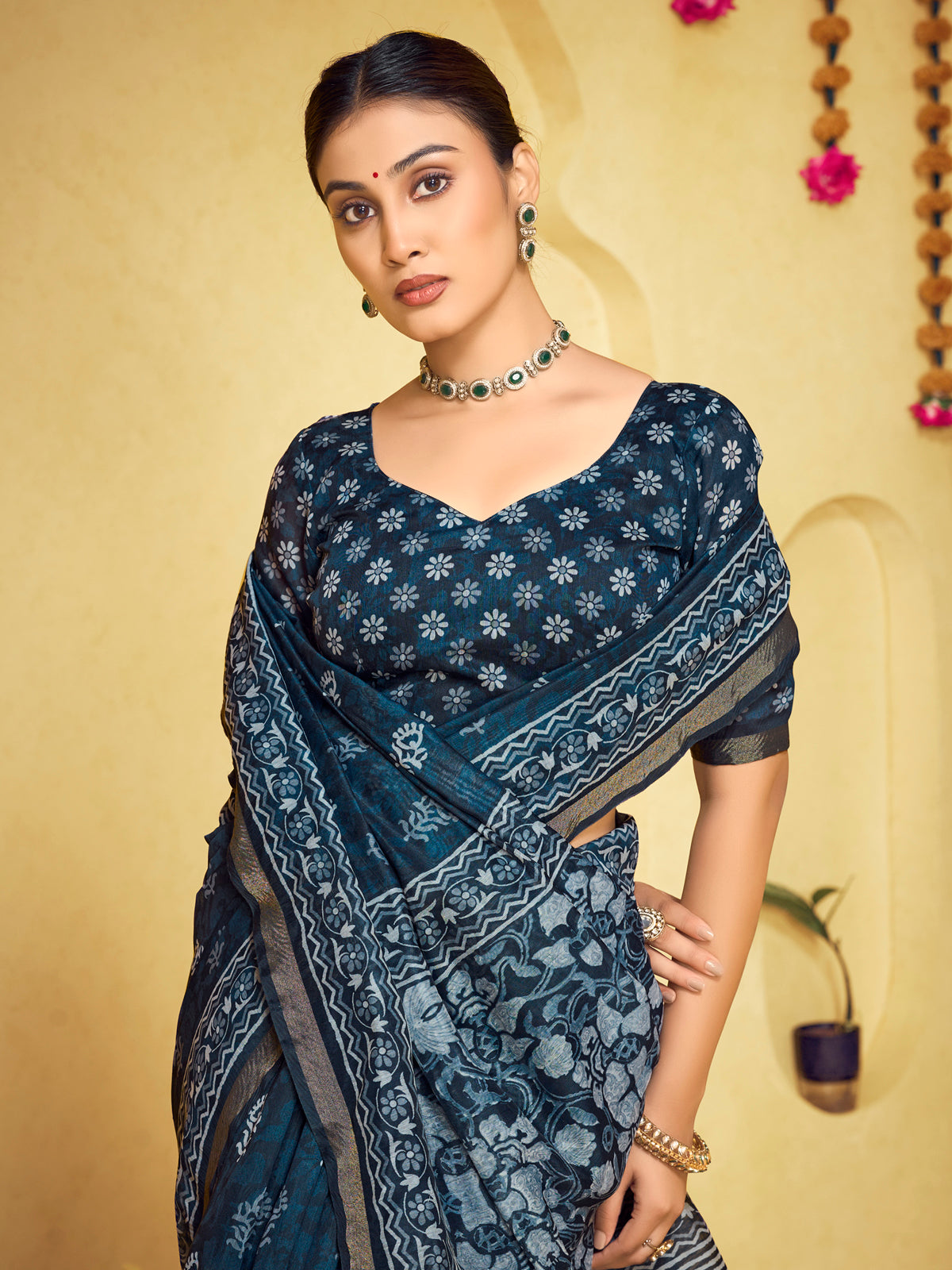 Amrapali - Navy Blue Chanderi Cotton Digital Printed Saree with Zari Border