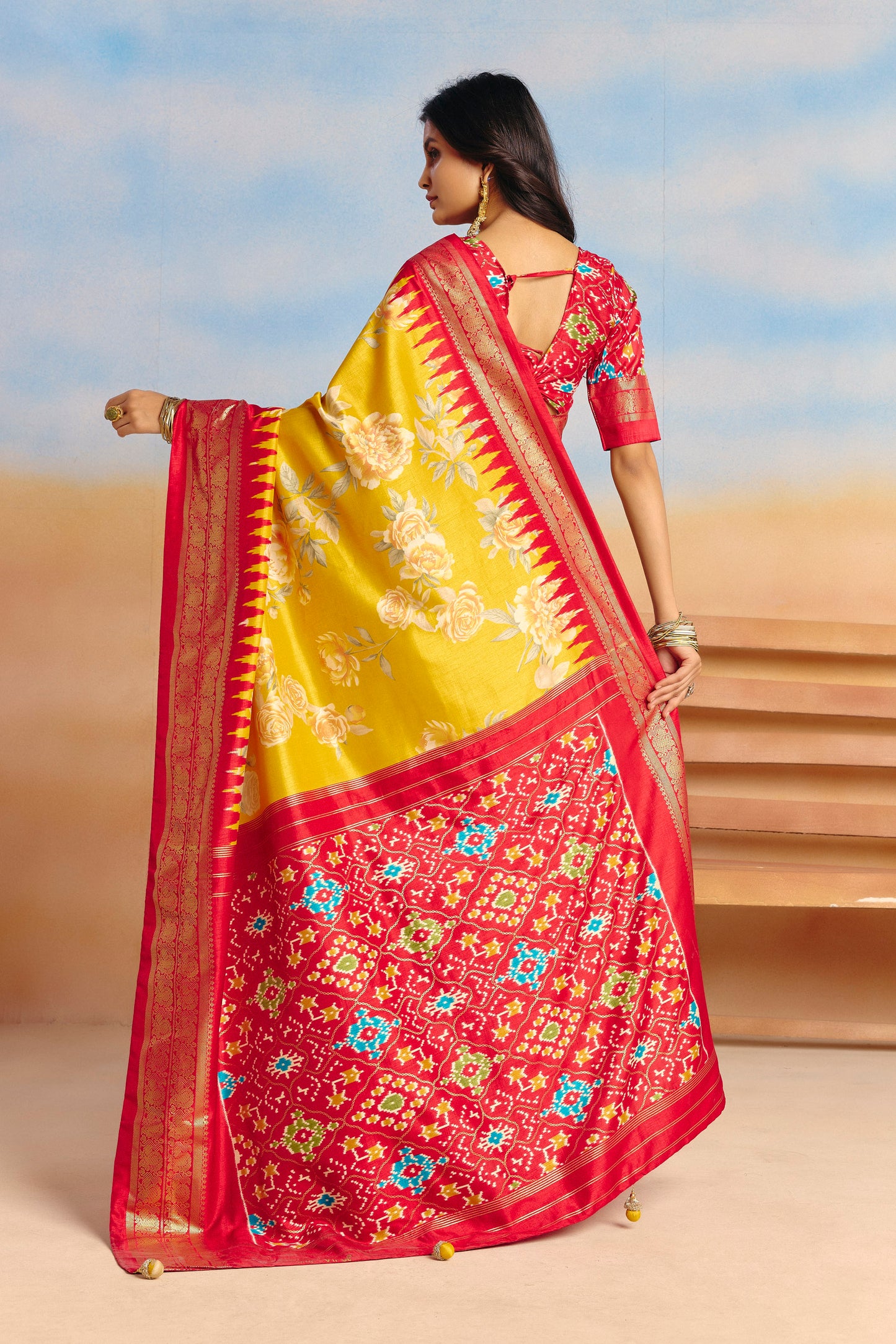 Rangrekha - Yellow Floral Printed Soft Silk Saree