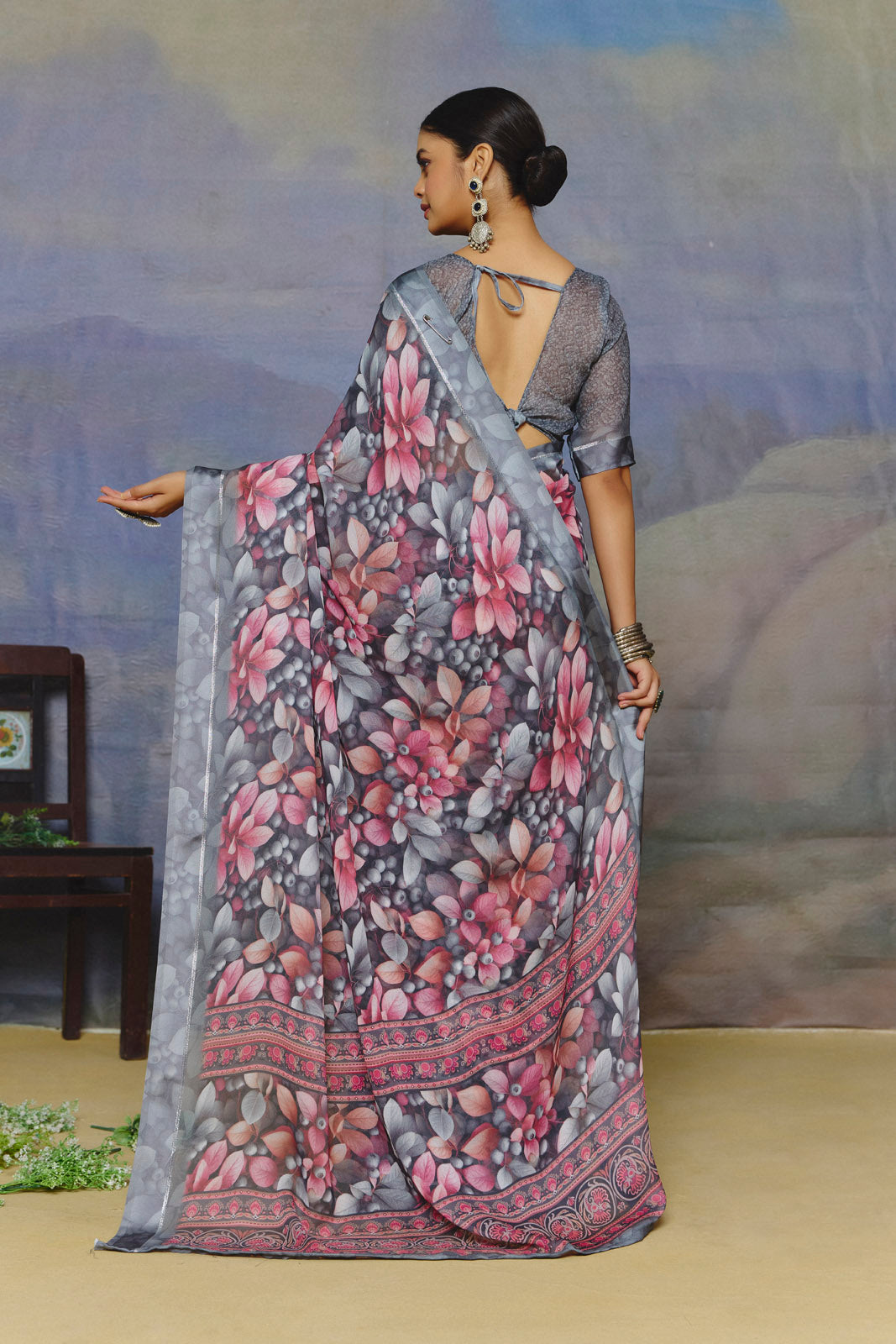 Samriddhi - Grey Moss Georgette Digital Print Saree with Satin Patta Border
