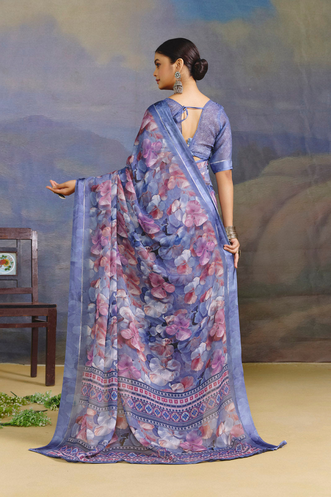 Samriddhi - Slate Blue Moss Georgette Digital Print Saree with Satin Patta Border
