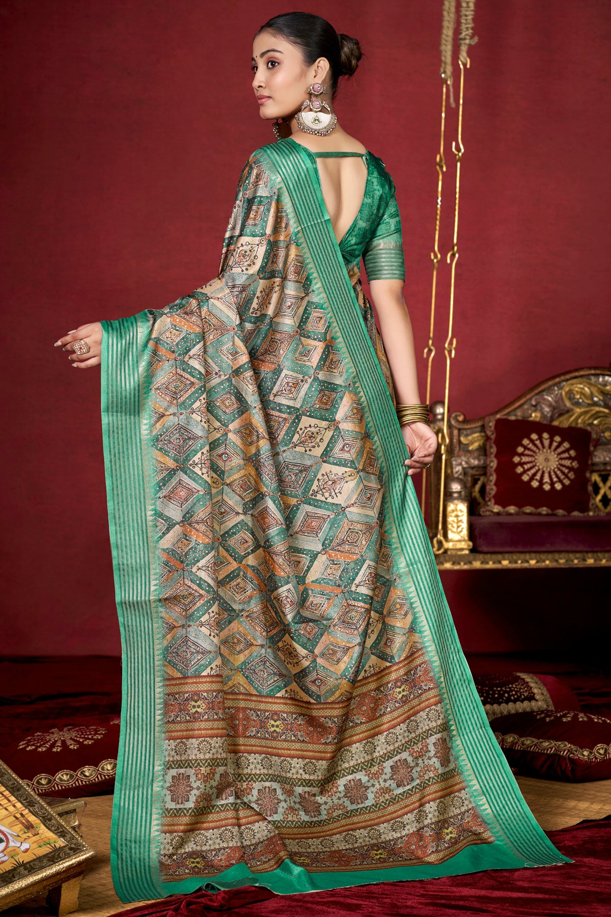 Veera - Sea Green Soft Silk Digital Printed Saree with Woven Border