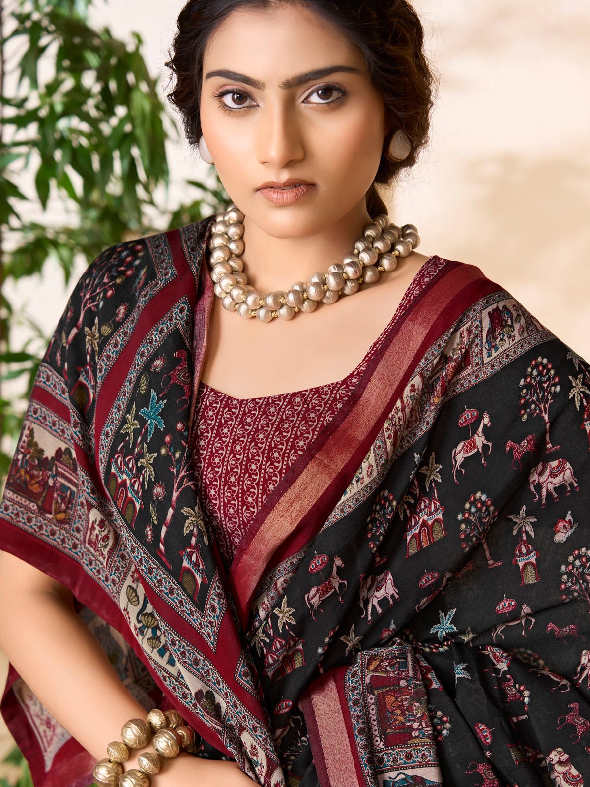Monalisa - Black Chanderi Cotton Printed Saree with Classic Folk Art Print