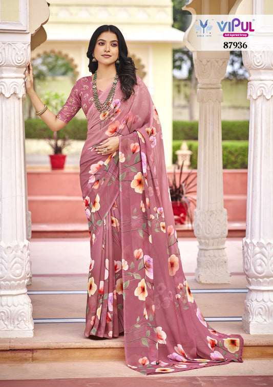 Twisha - Light Coral Georgette Floral Digital Printed Saree