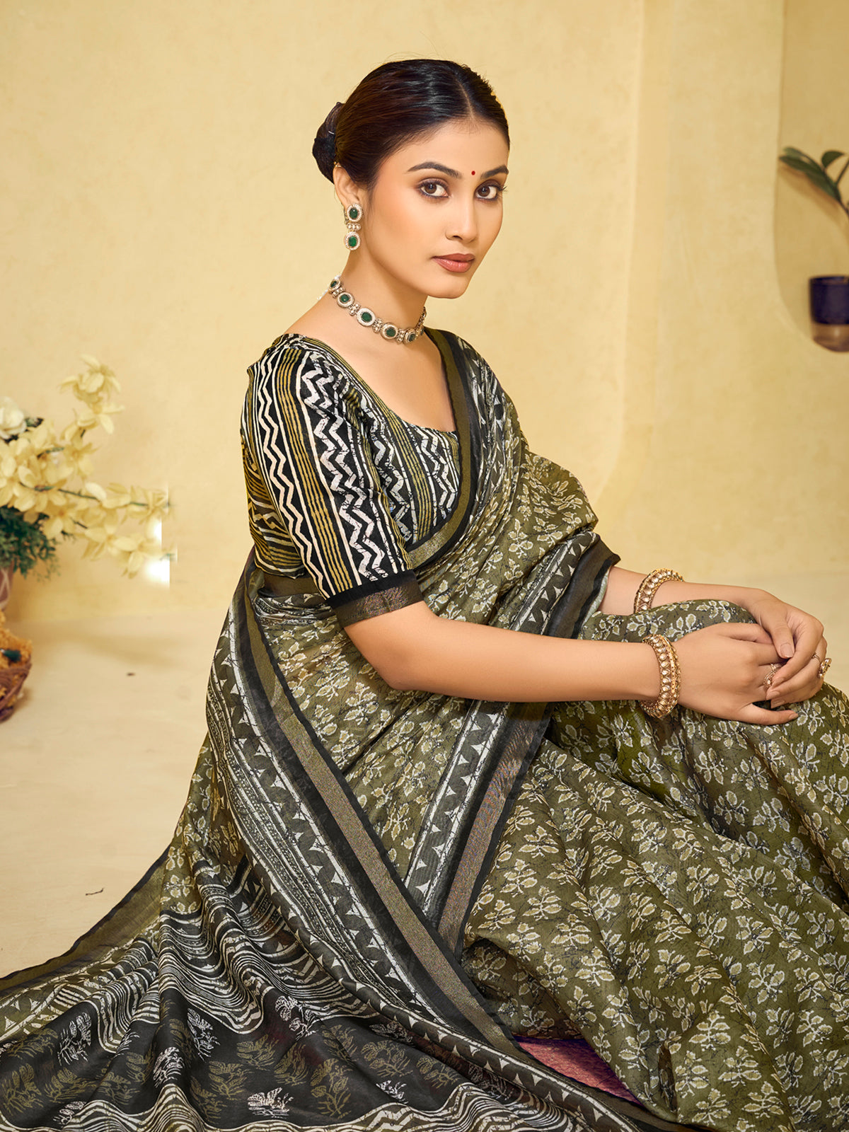 Amrapali - Mehandi Green Chanderi Cotton Digital Printed Saree with Zari Border