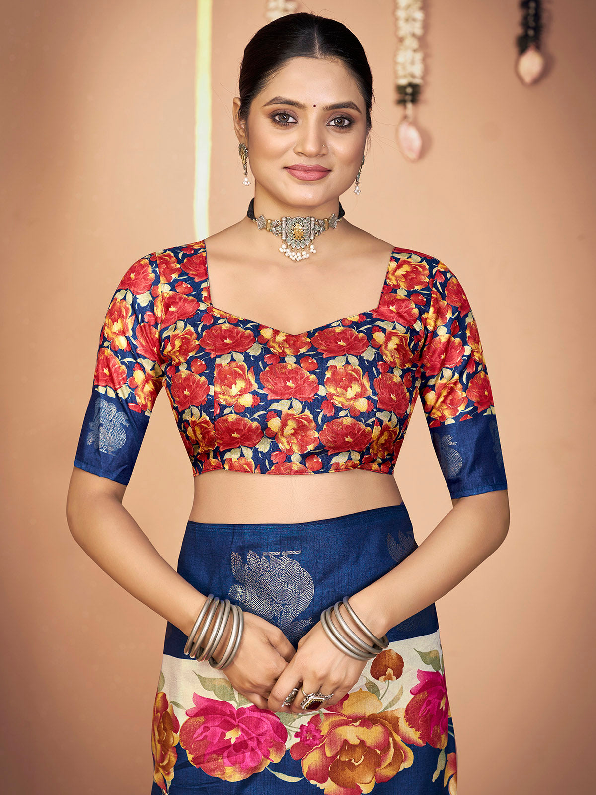 Rajkumari - Cream Printed Soft Silk Saree with Silk Foil Work