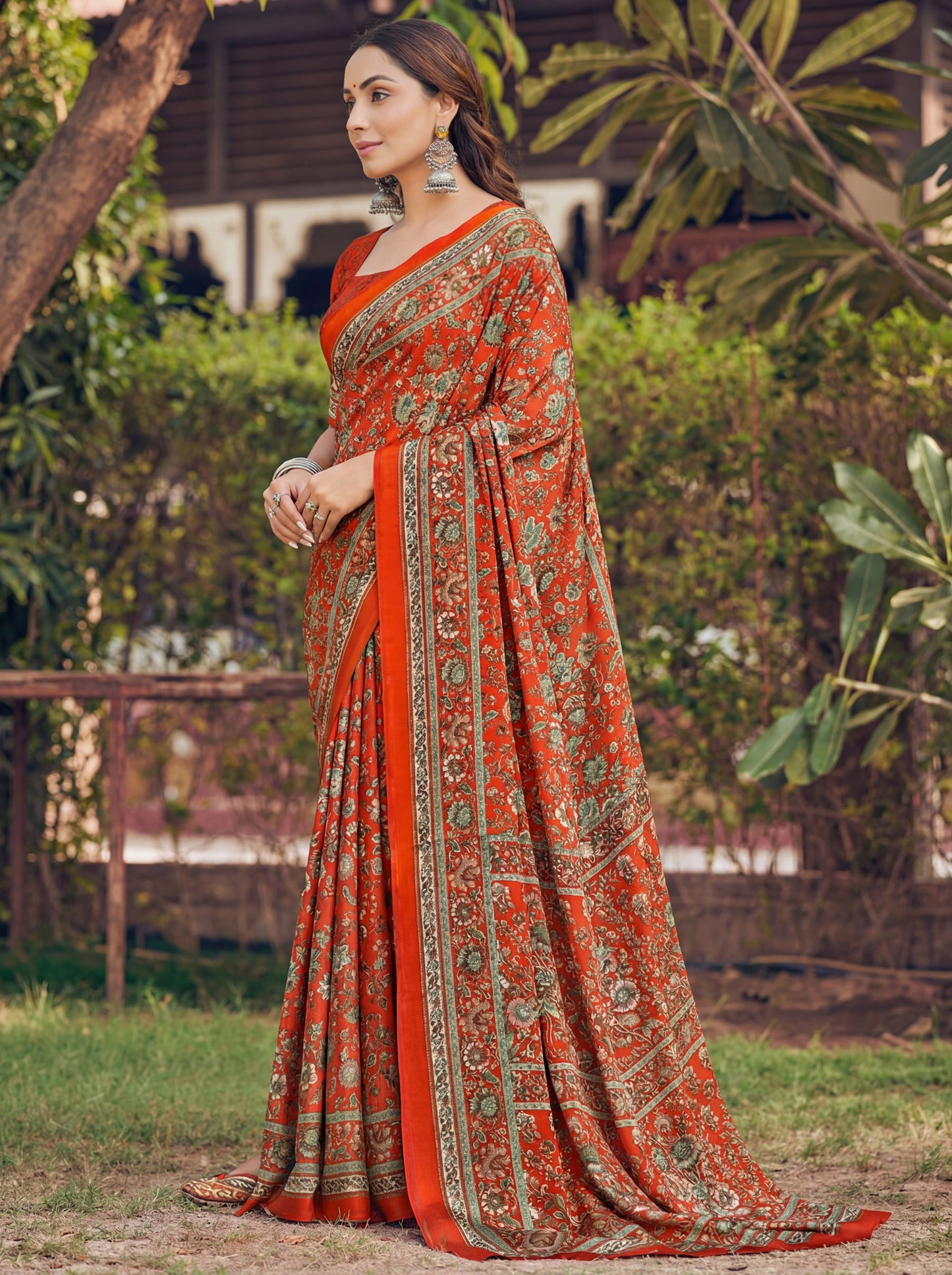 Rajkala - Brick Red Printed Crepe Silk Saree