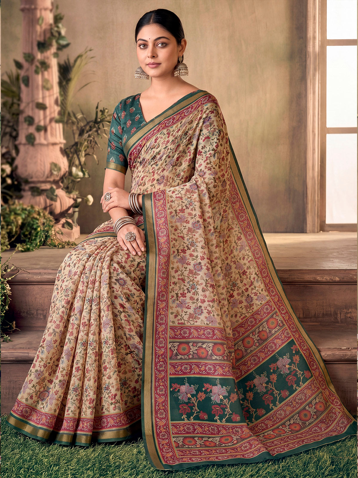 Amrapali - Cream Chanderi Cotton Digital Printed Saree with Zari Border