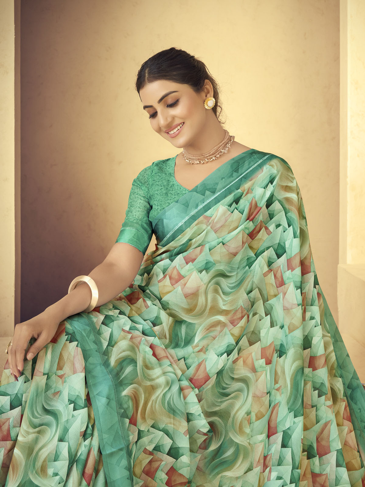 Samriddhi - Sea Green Moss Georgette Digital Print Saree with Satin Patta Border