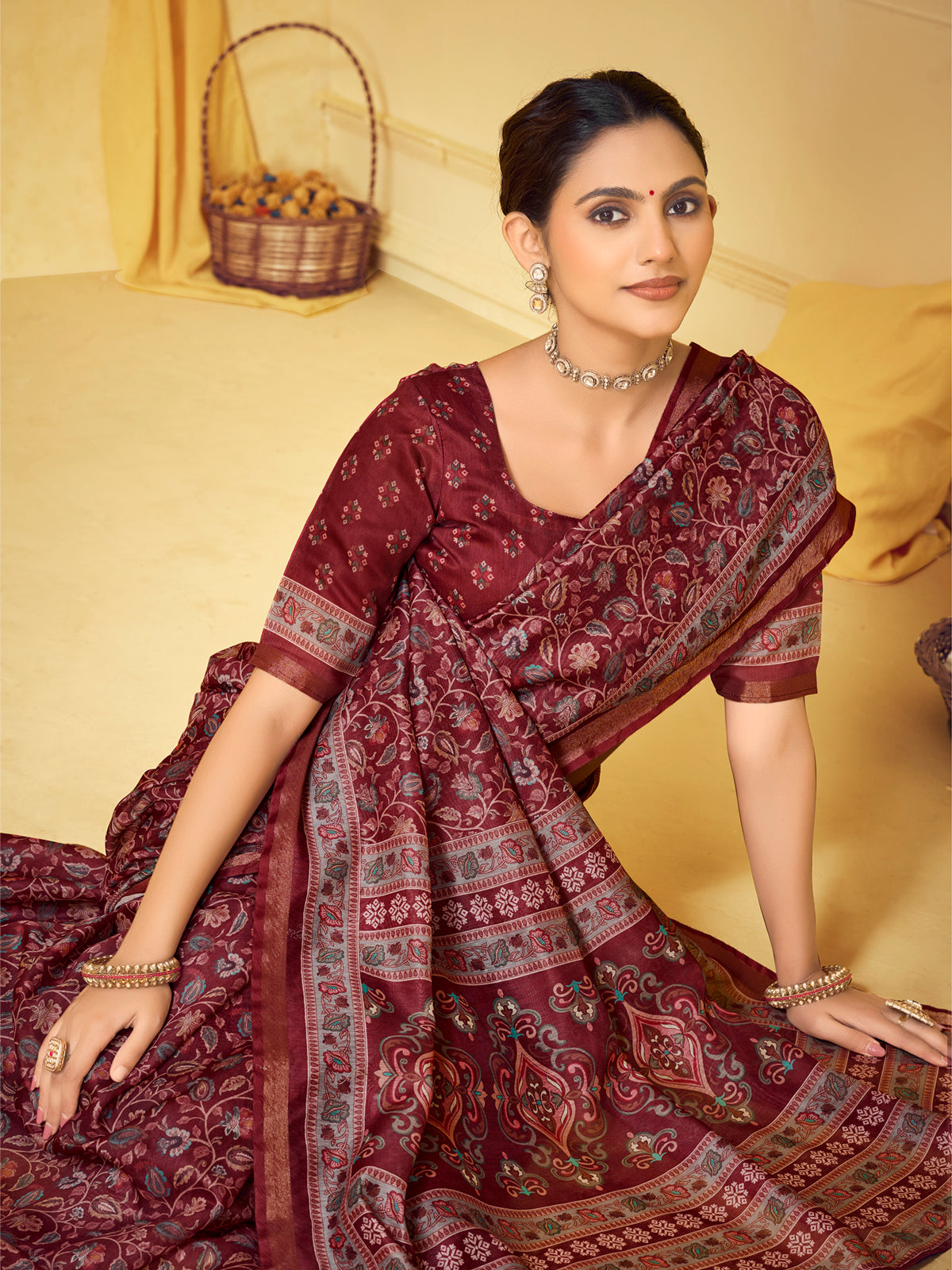 Amrapali - Red Chanderi Cotton Digital Printed Saree with Zari Border