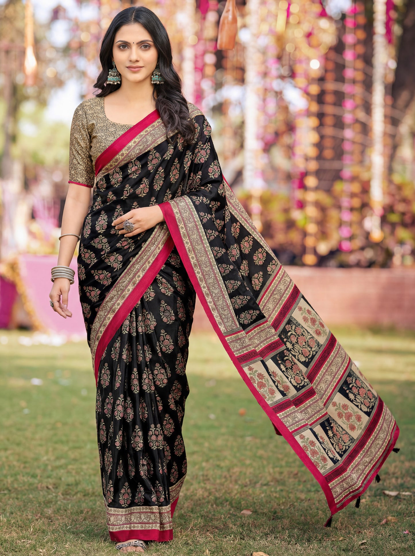 Rajkala - Black Printed Crepe Silk Saree