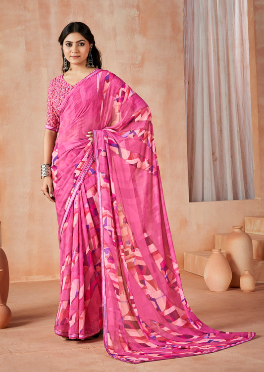 Sumedha - Pink Digital Printed Georgette Saree