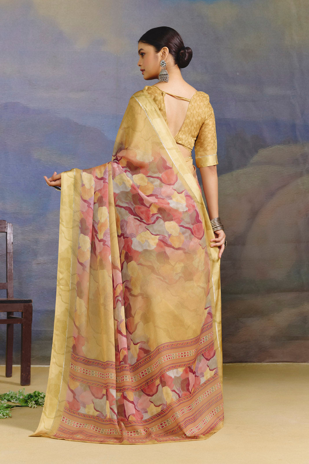 Samriddhi - Yellow Moss Georgette Digital Print Saree with Satin Patta Border