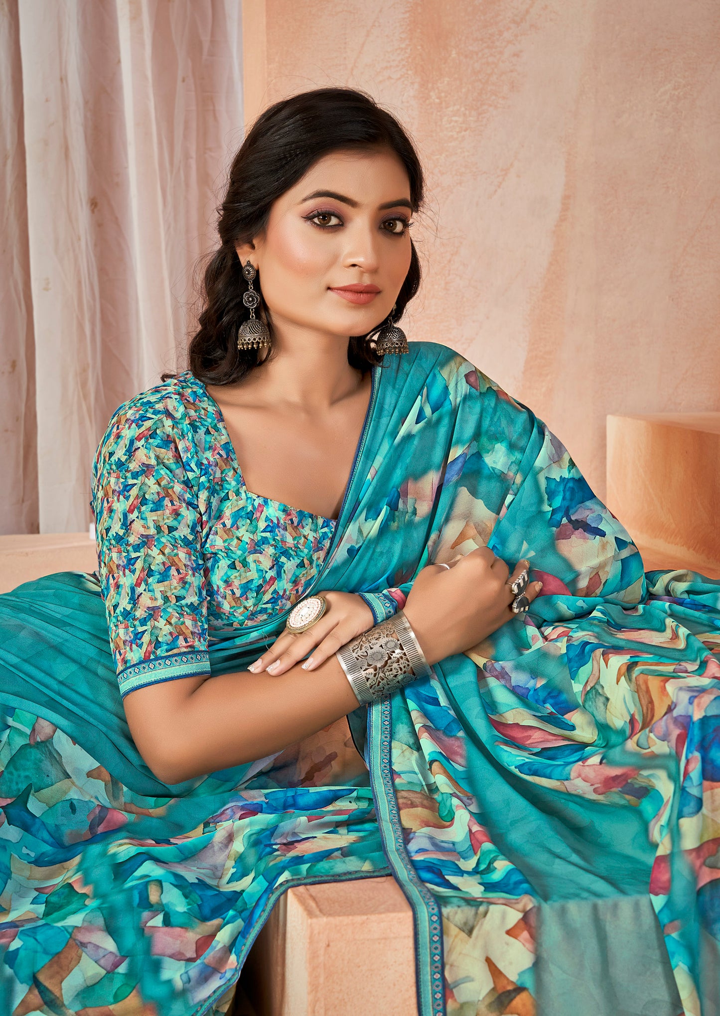 Sumedha - Turquoise Digital Printed Georgette Saree