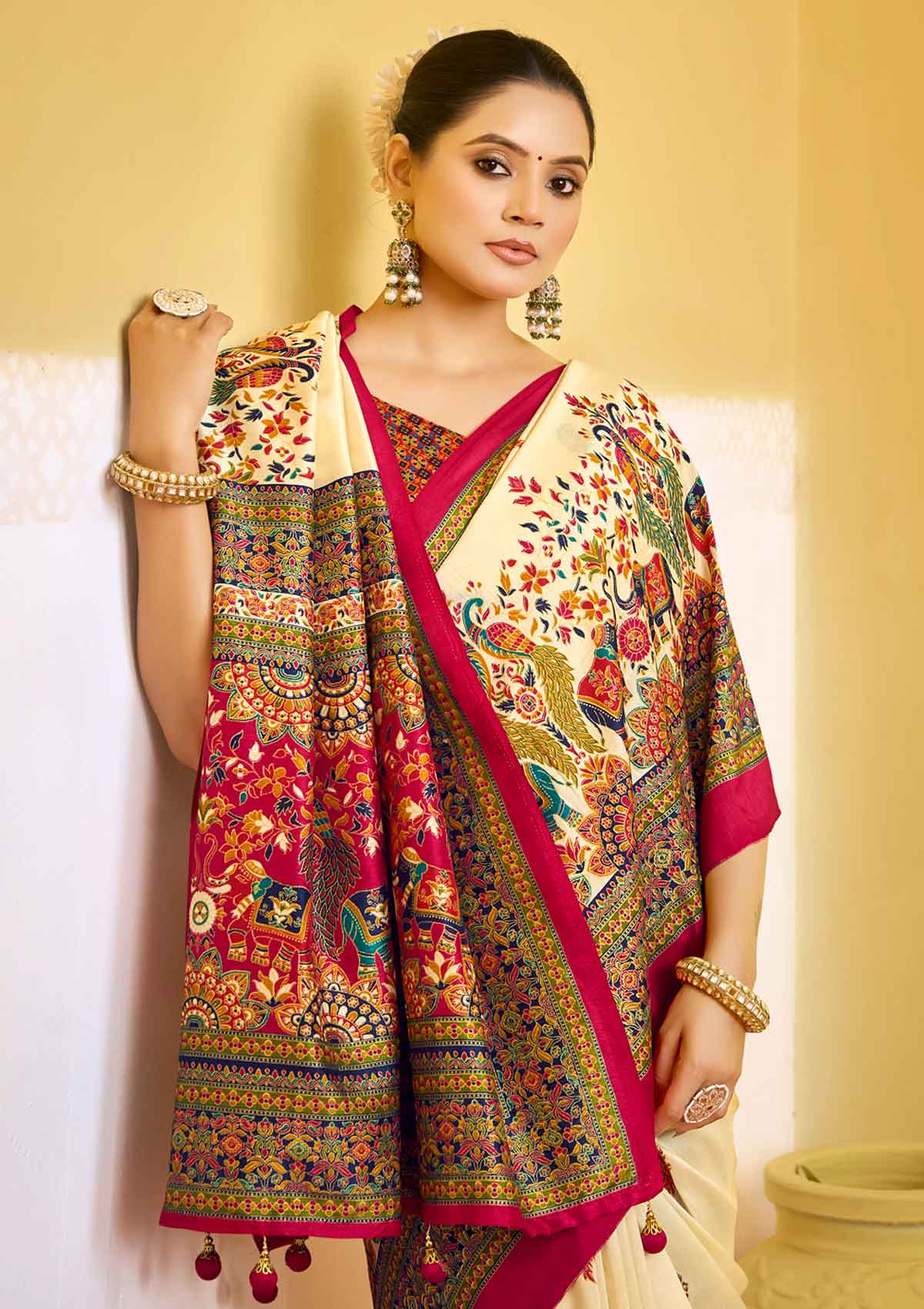Kumuda - Cream Silk Printed Saree with Delicate Foil Work