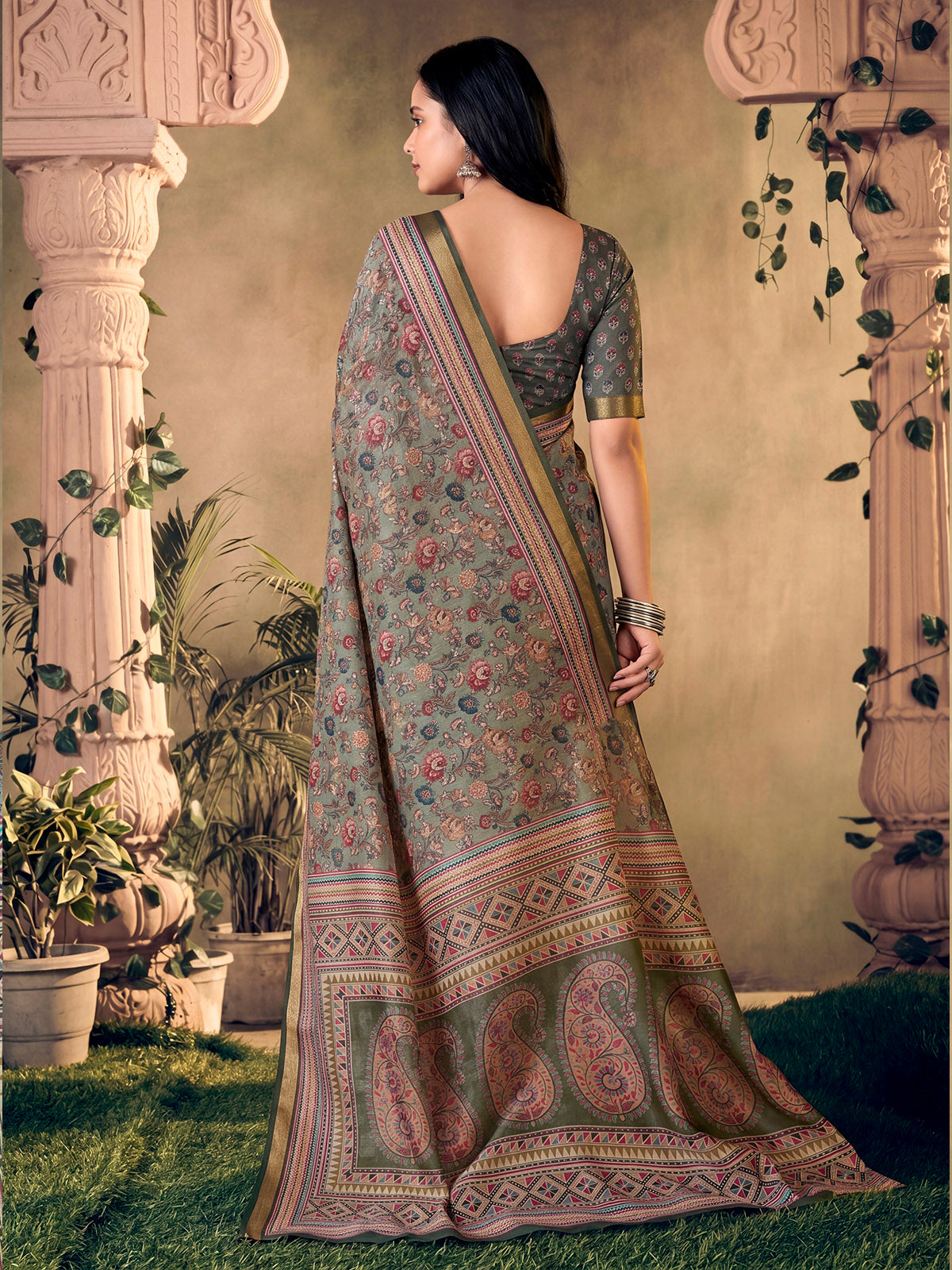 Amrapali - Grey Chanderi Cotton Digital Printed Saree with Zari Border