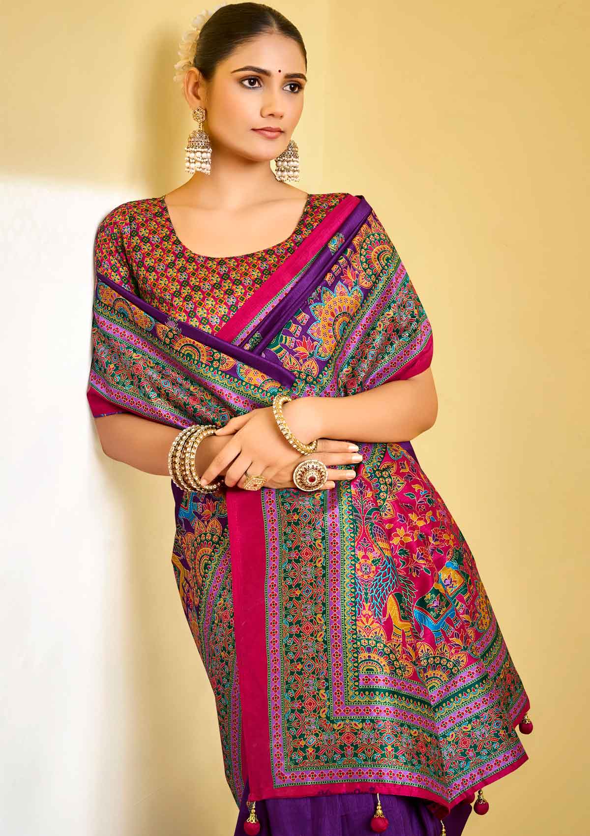 Kumuda - Purple Silk Printed Saree with Delicate Foil Work