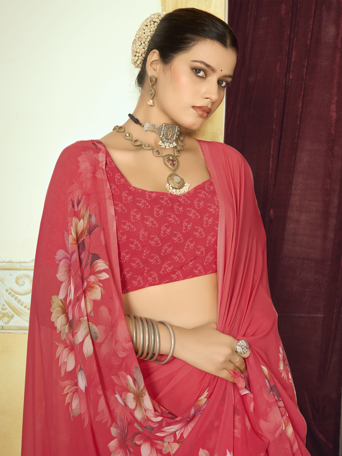 Riddhi - Red Georgette Floral Digital Printed Saree
