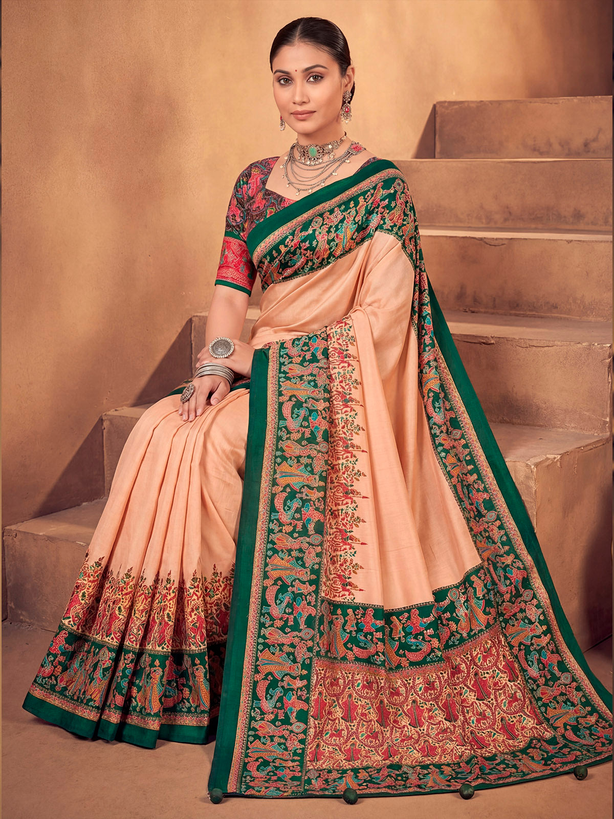 Kumuda - Peach Mysore Silk Jari Printed with Tessals