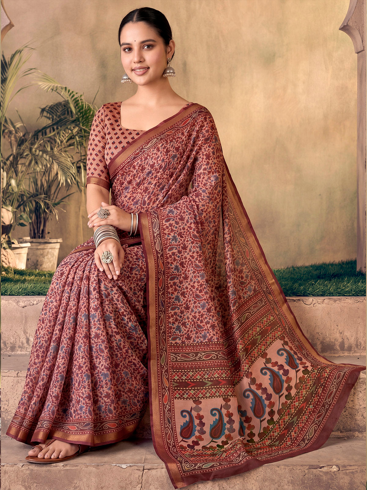 Amrapali - Pink Chanderi Cotton Digital Printed Saree with Zari Border