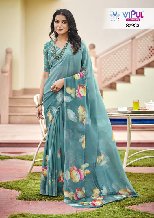 Twisha - Teal Blue Georgette Floral Digital Printed Saree