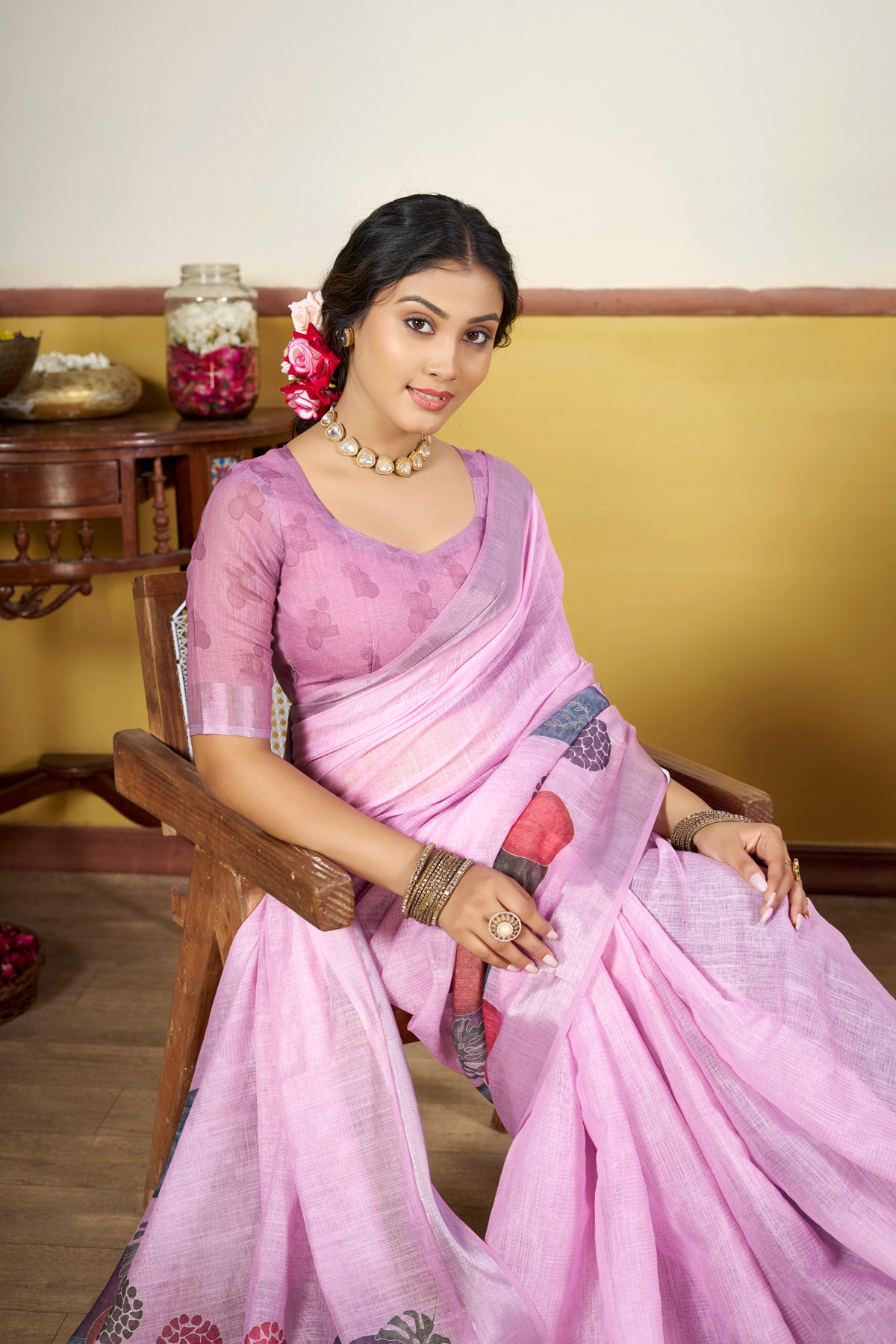 Rachna - Purple Linen Digital Print Saree with Woven Border