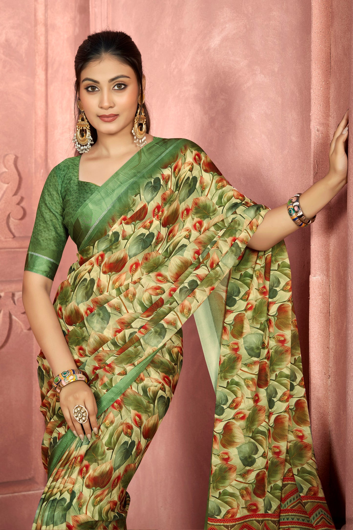 Samriddhi – Green Moss Georgette Digital Print Saree with Satin Patta Border