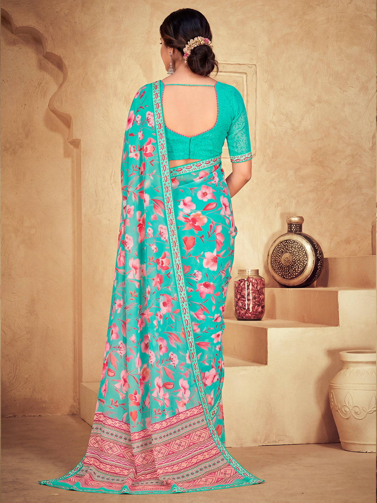 Sumedha - Turquoise Digital Printed Georgette Saree