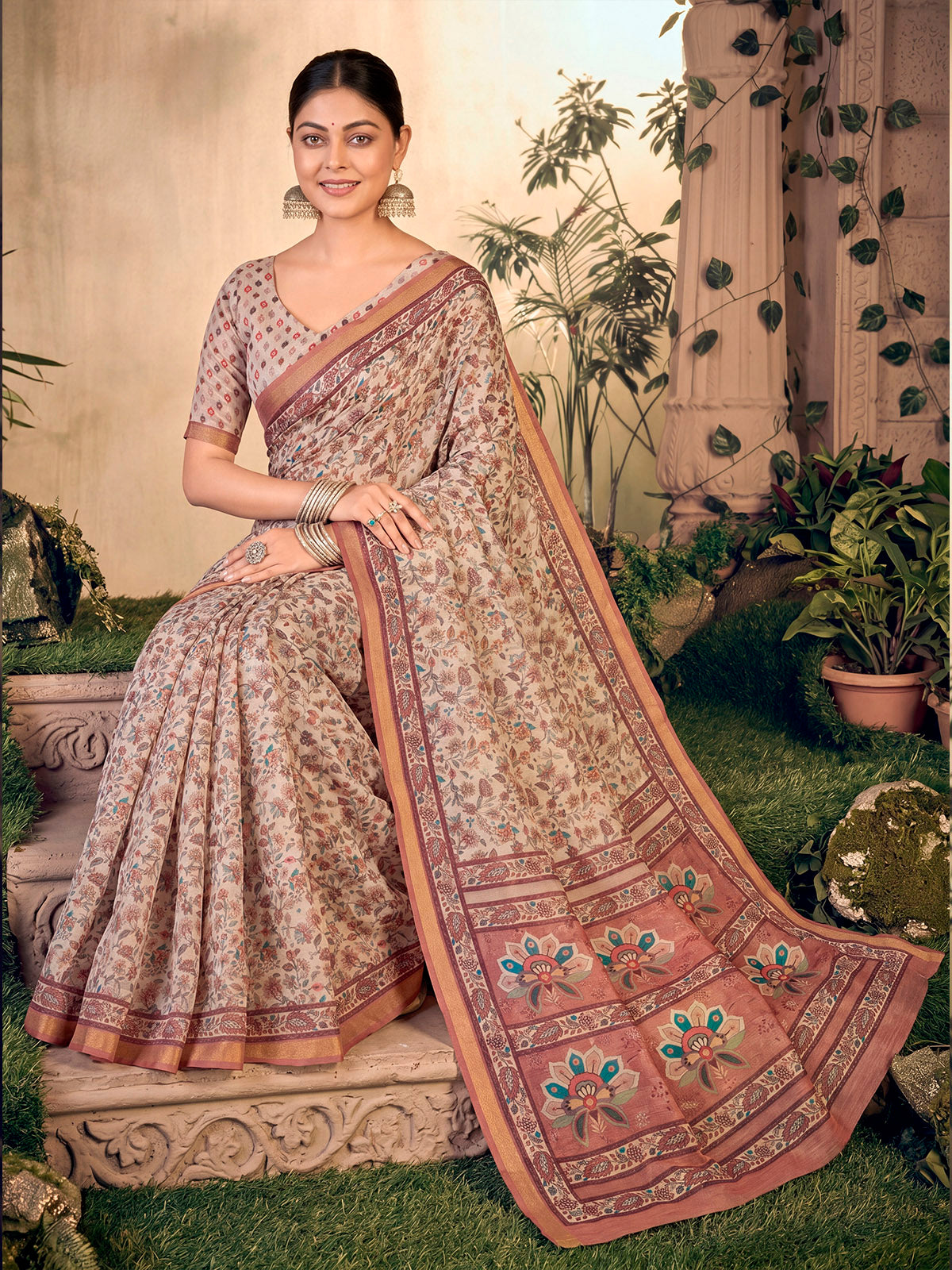 Amrapali - Off White Chanderi Cotton Digital Printed Saree with Zari Border