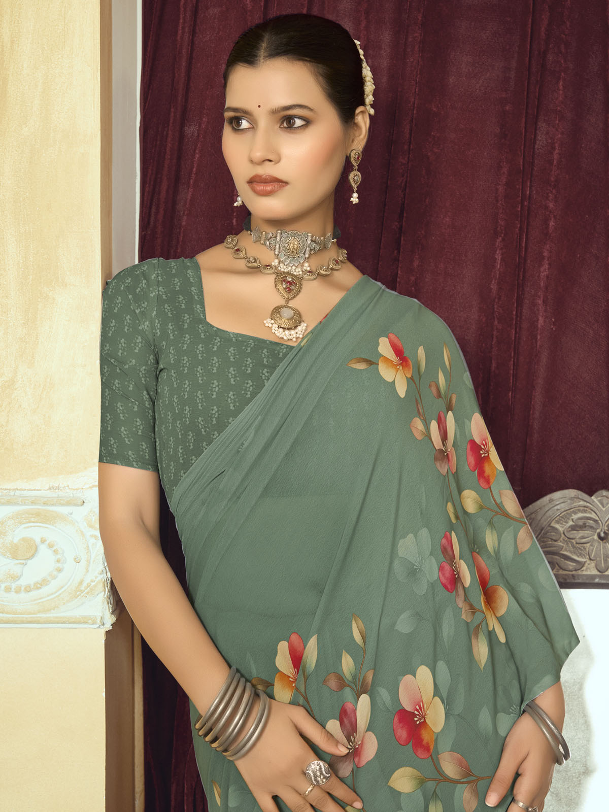 Riddhi - Olive Green Georgette Floral Digital Printed Saree