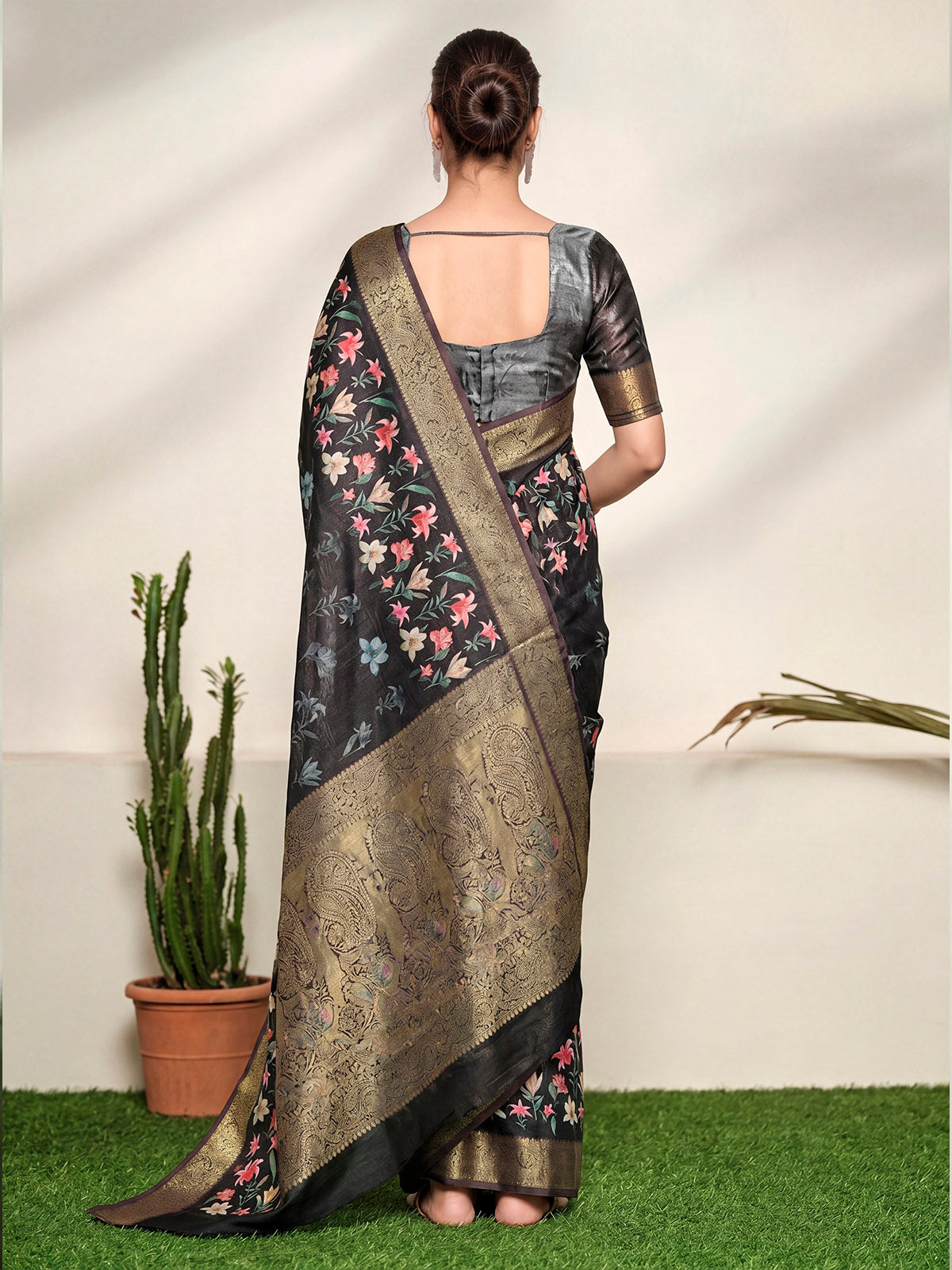 Varnika - Black Digital Printed Moss Georgette Saree with Woven Border
