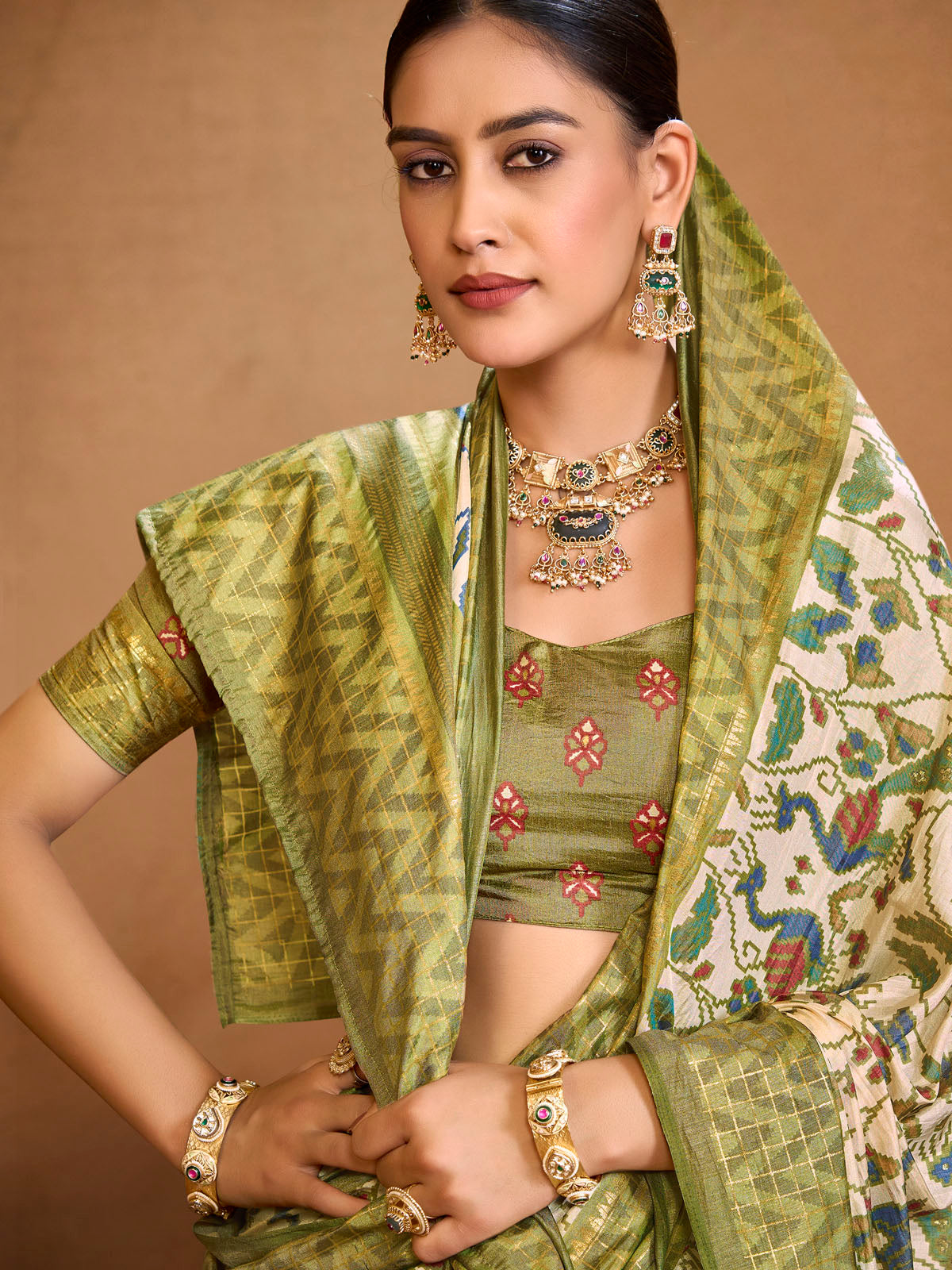 Sentosa - Cream Patola Silk Printed Saree with Figure Print