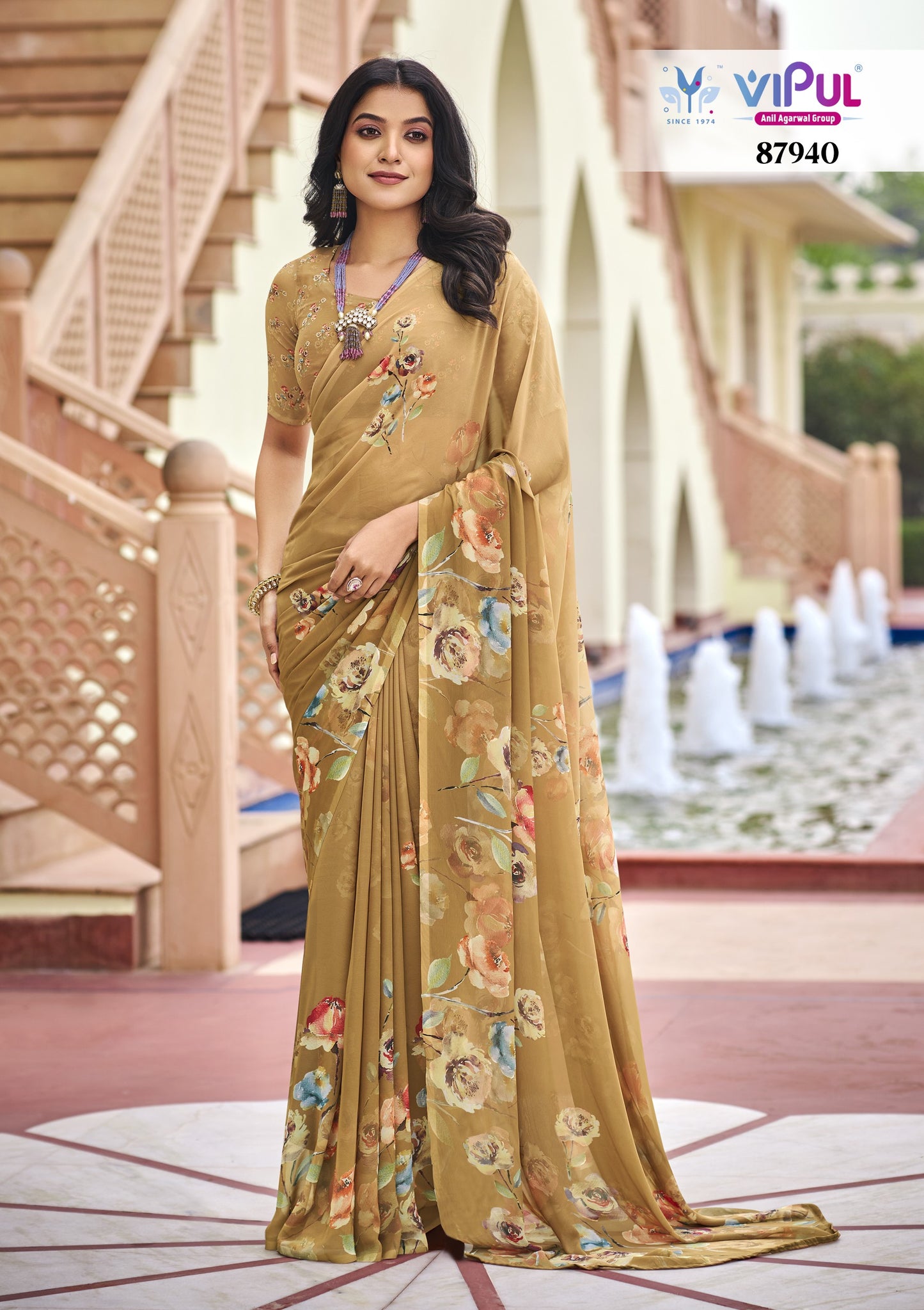 Twisha - Sandy Brown Georgette Floral Digital Printed Saree