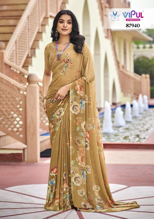 Twisha - Sandy Brown Georgette Floral Digital Printed Saree