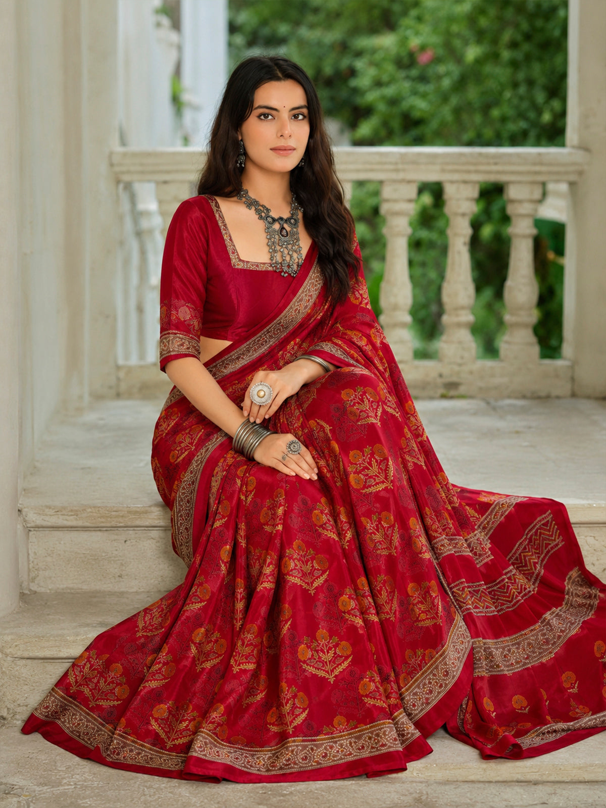 Rajkala - Red Printed Crepe Silk Saree