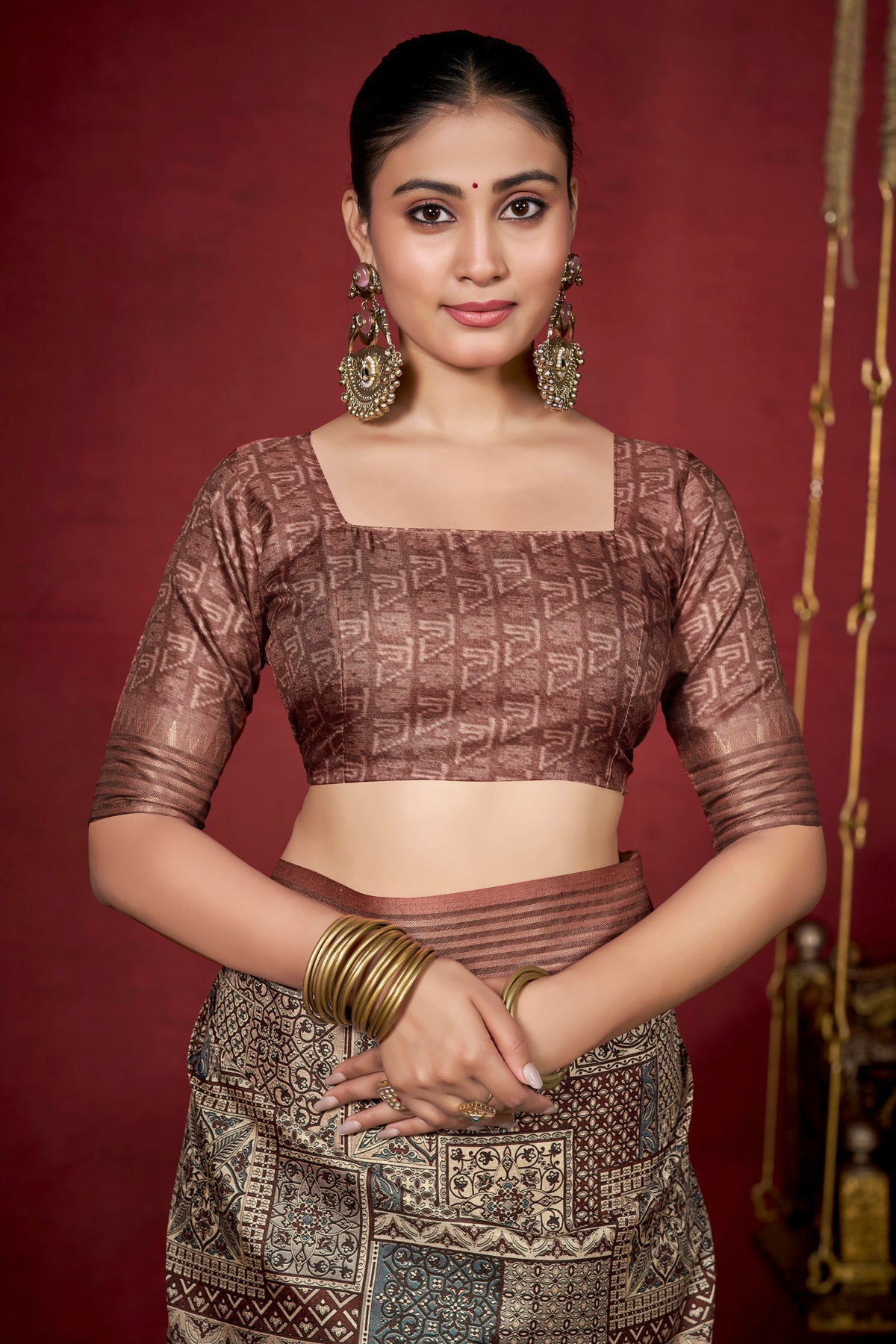 Veera - Bronze Soft Silk Digital Printed Saree with Woven Border