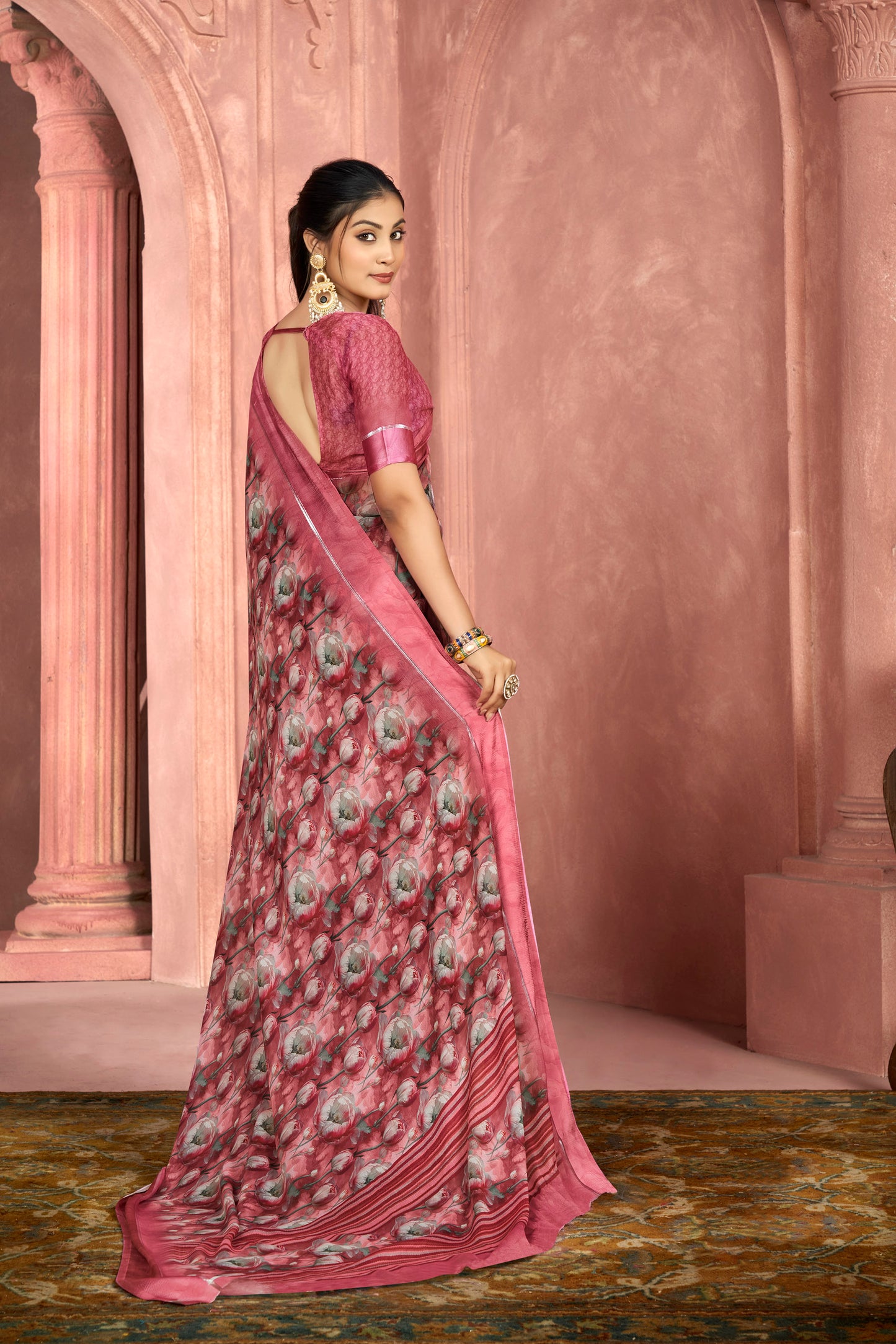 Samriddhi – Rose Brown Moss Georgette Digital Print Saree with Satin Patta Border