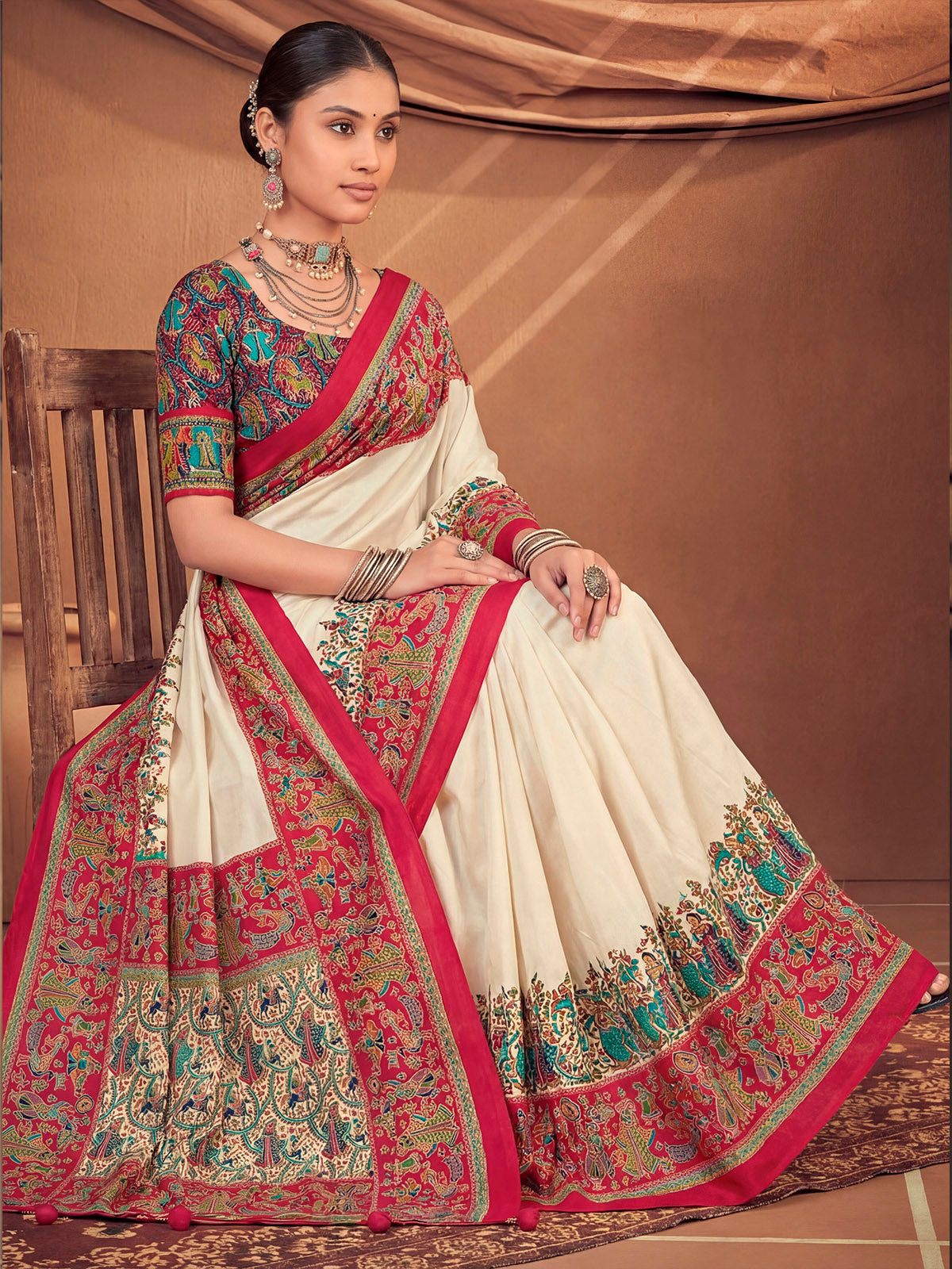 Kumuda - Cream Mysore Silk Jari Printed with Tessals