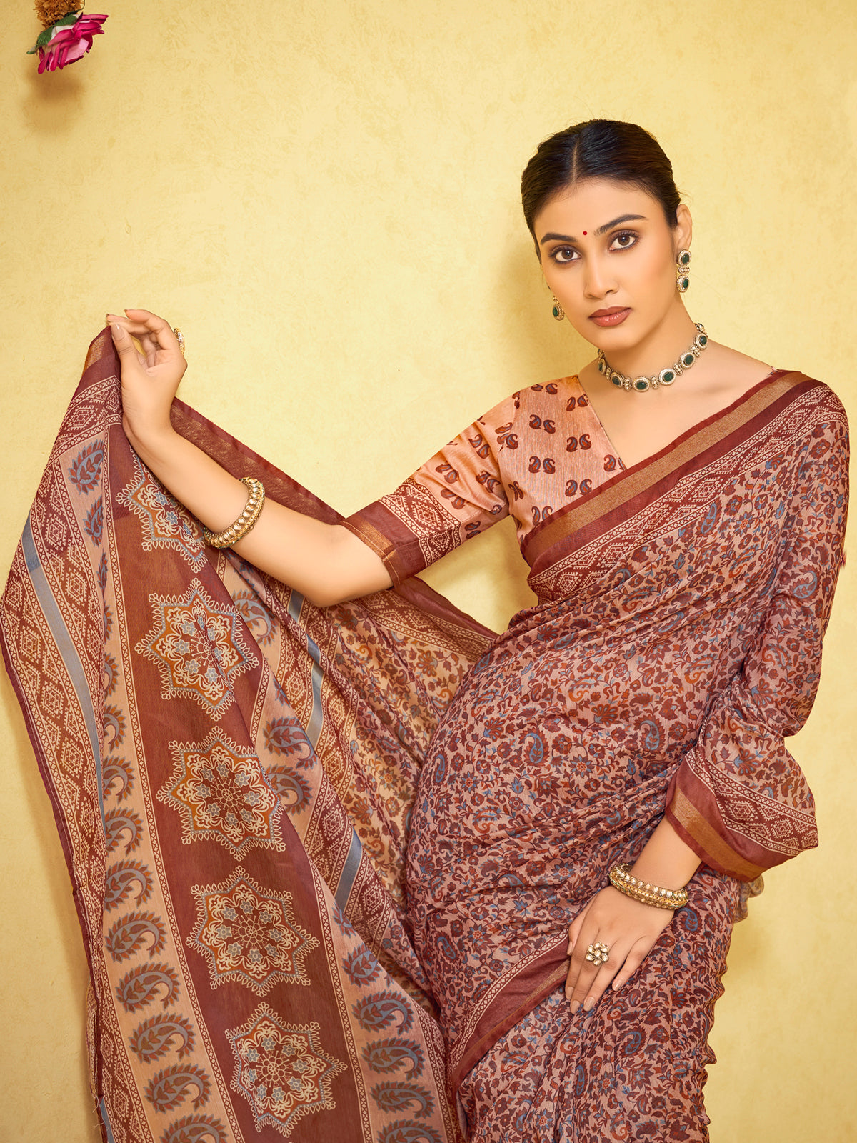 Amrapali - Peach Chanderi Cotton Digital Printed Saree with Zari Border