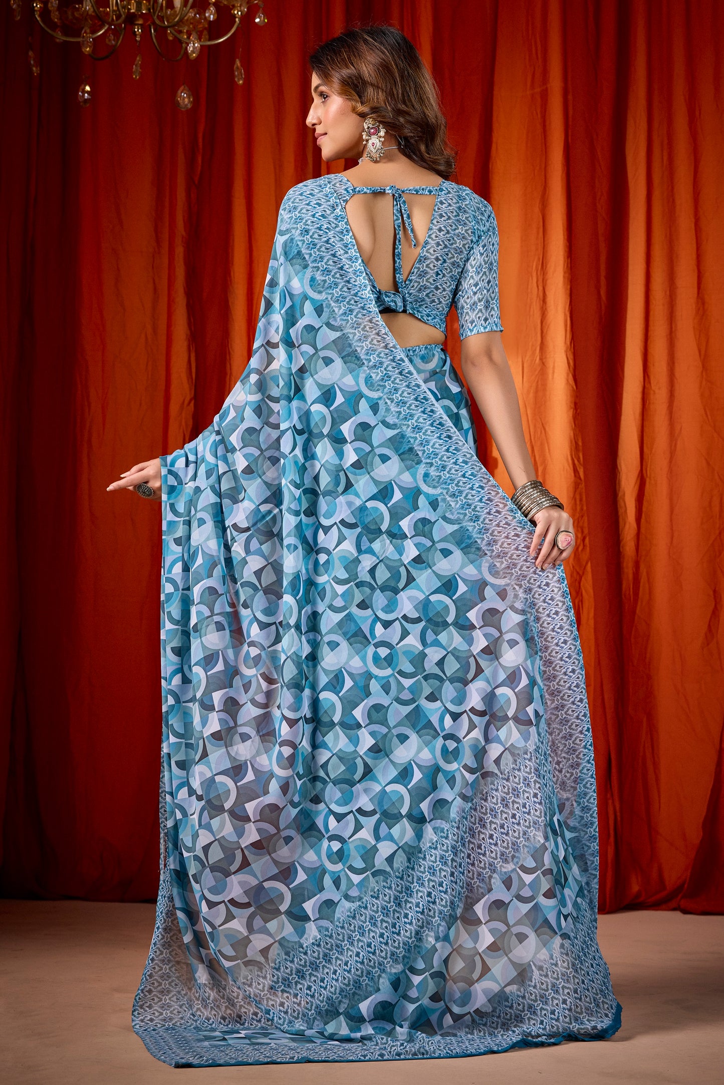 Shraddha - Cadet Blue Georgette Digital Printed Saree