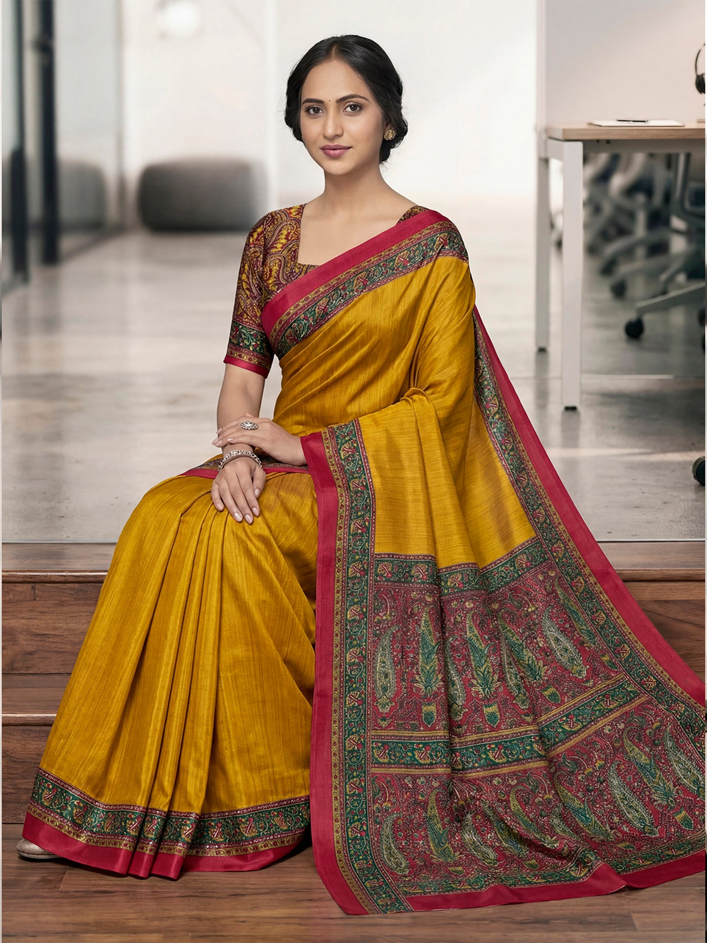 Chitrika - Yellow Printed Crepe Silk Saree