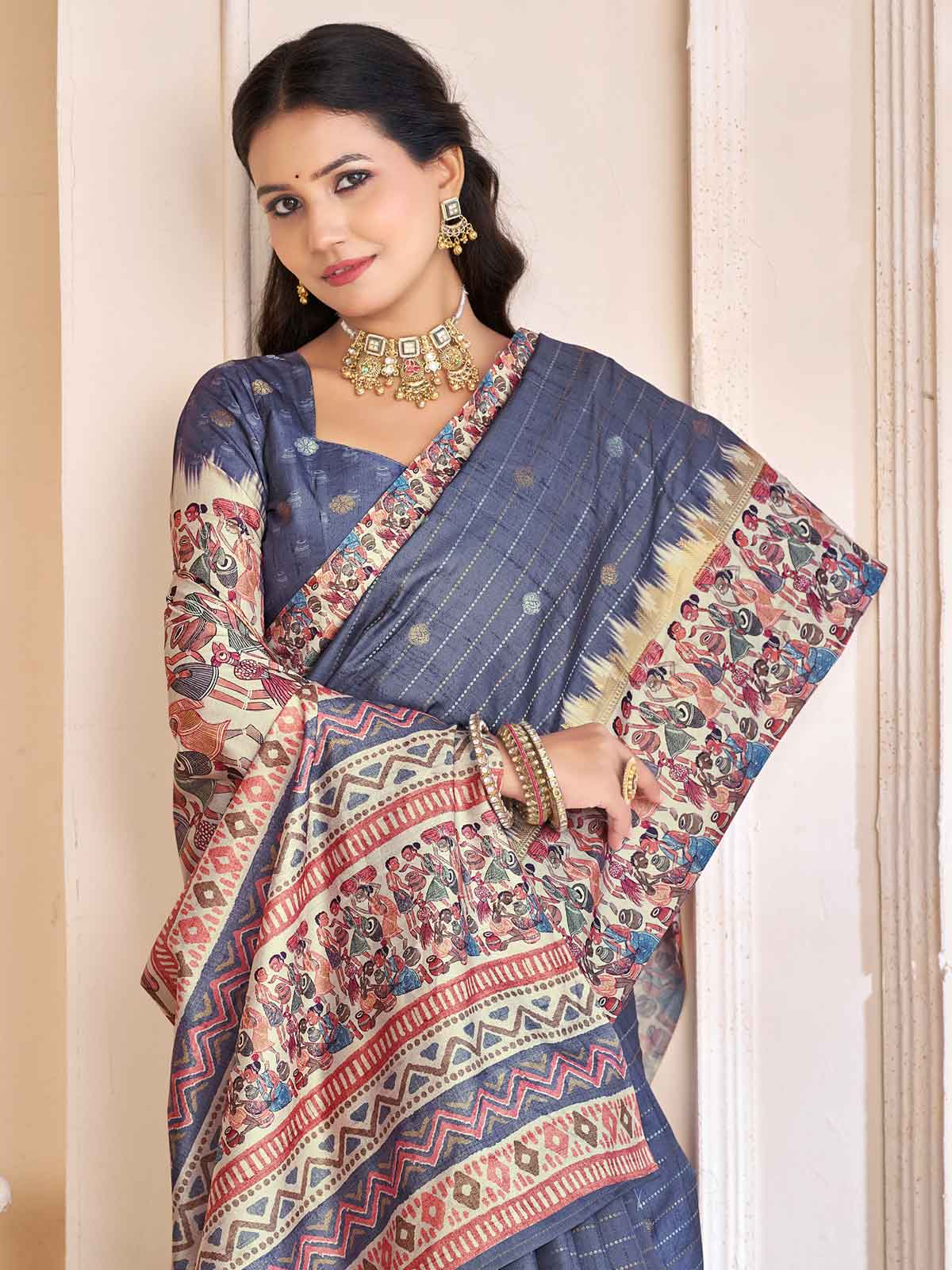 Rutvaa - Royal Blue Digital Printed Silk Saree